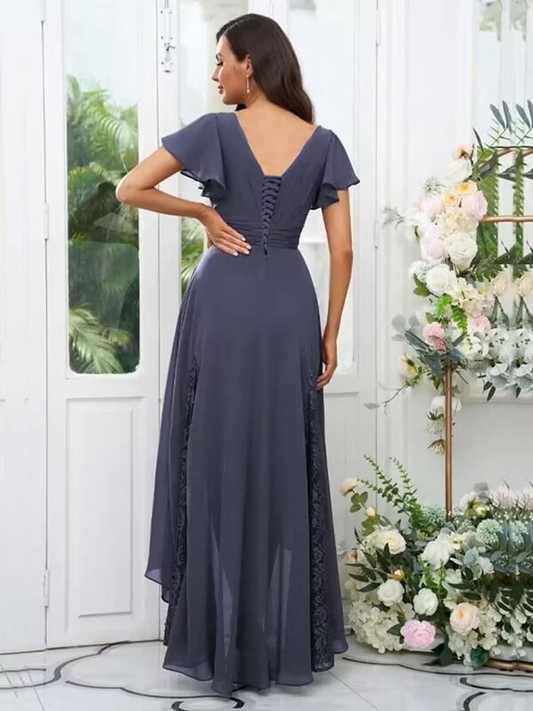 Elegant Tea-Length Mother of the Bride Dress - Lace & Chiffon Sleeved Wedding Guest Gown for Formal Occasions, Church Ceremonies & Special Events