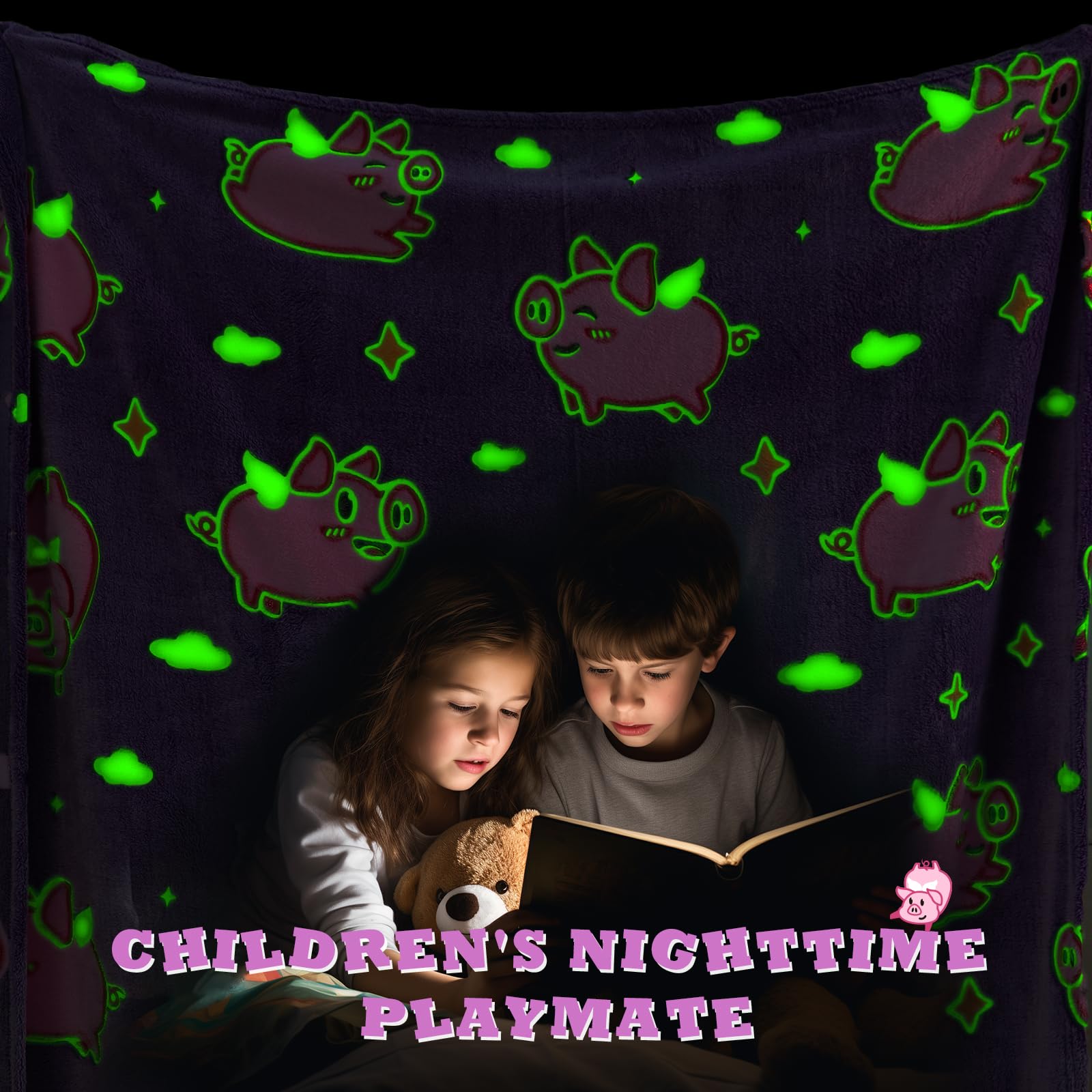 Glow in The Dark Pink Pig Fleece Blanket - Soft Cute Animal Throw for Girls & Kids - Perfect for Bedroom Decor, Birthday & Christmas Gifts - Cozy for Sleepovers, Movie Nights & Winter Snuggles