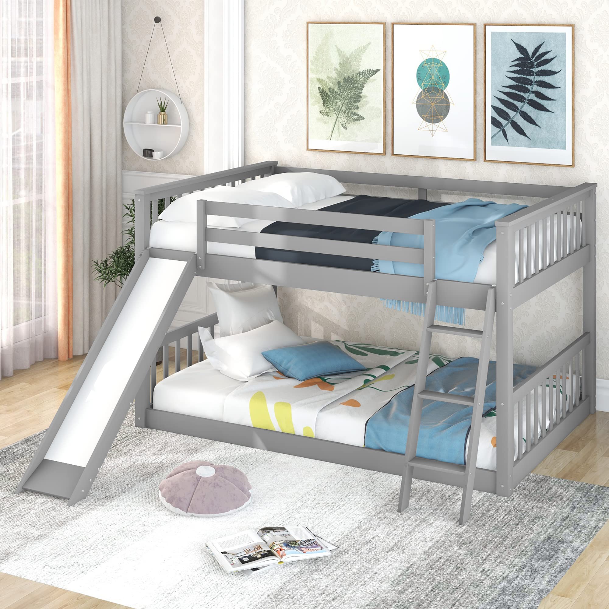 Full Over Full Low Bunk Bed for Kids & Teens - Convertible Wooden Bunk Bed with Slide & Angled Ladder - Space-Saving Twin Bunk Bed for Boys, Girls, Toddlers (Grey) - Perfect for Small Bedrooms, Shared Kids' Rooms & Sleepovers
