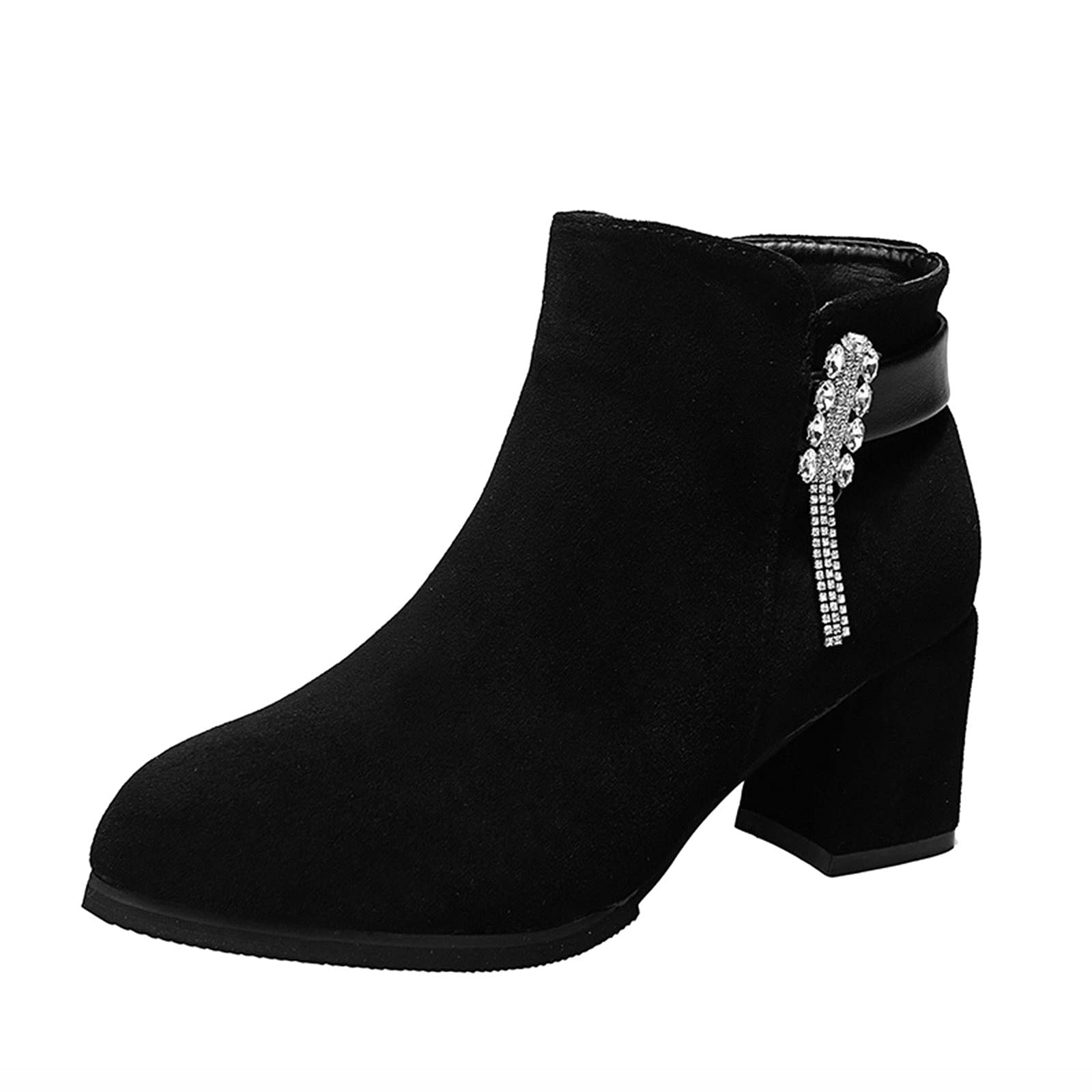 Chunky Ankle Boots for Women with Crystal Heel - Low Heel Fashion Boots in Black (Size 7.5) | Perfect for Casual Outfits, Office Wear & Night Out