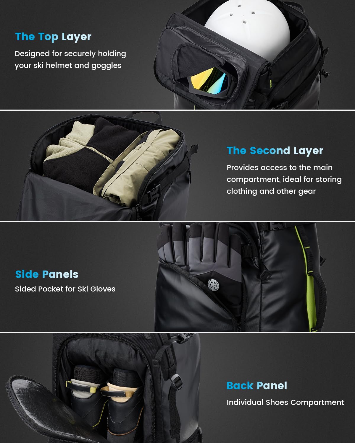 Gonex 50L Waterproof Ski Boot Backpack for Men & Women - Travel Snowboard Bag with Helmet & Goggles Storage - Durable Ski Gear Carrier for Boots, Outerwear & Accessories - Perfect for Ski Trips, Snowboarding & Winter Travel (Black)