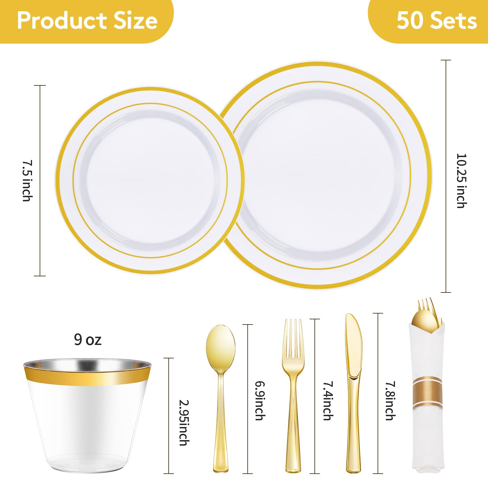 Goodluck 350-Piece Gold Plastic Dinnerware Set for 50 Guests - Elegant Disposable Plates, Cups & Silverware for Parties, Weddings & Events | Includes 50 Dinner Plates, 50 Dessert Plates, 50 Pre-Rolled Napkins & 50 Cups