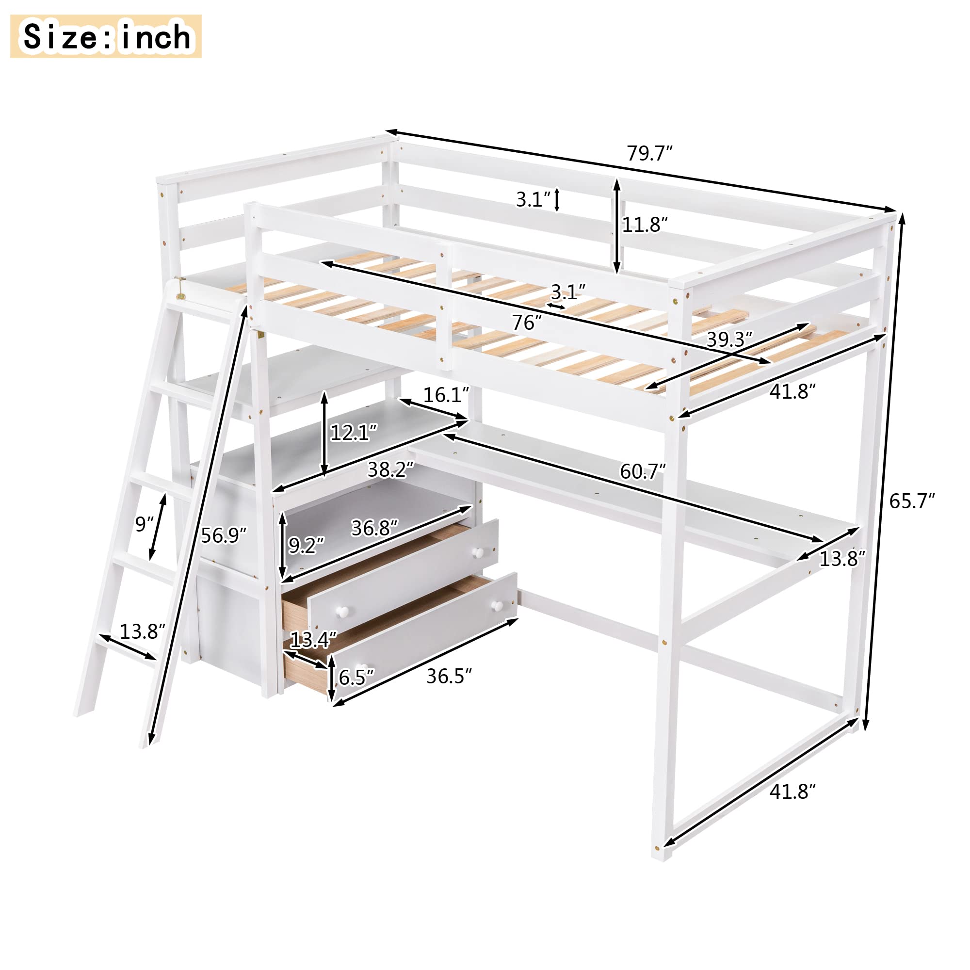 SOFTSEA Twin Size Solid Wood Loft Bed with Built-in Desk, Drawers & Storage Shelves - Multifunctional High Loft Bed for Kids & Teens (Boys/Girls) - Perfect for Small Bedrooms, Dorm Rooms & Space-Saving Kids' Rooms - White