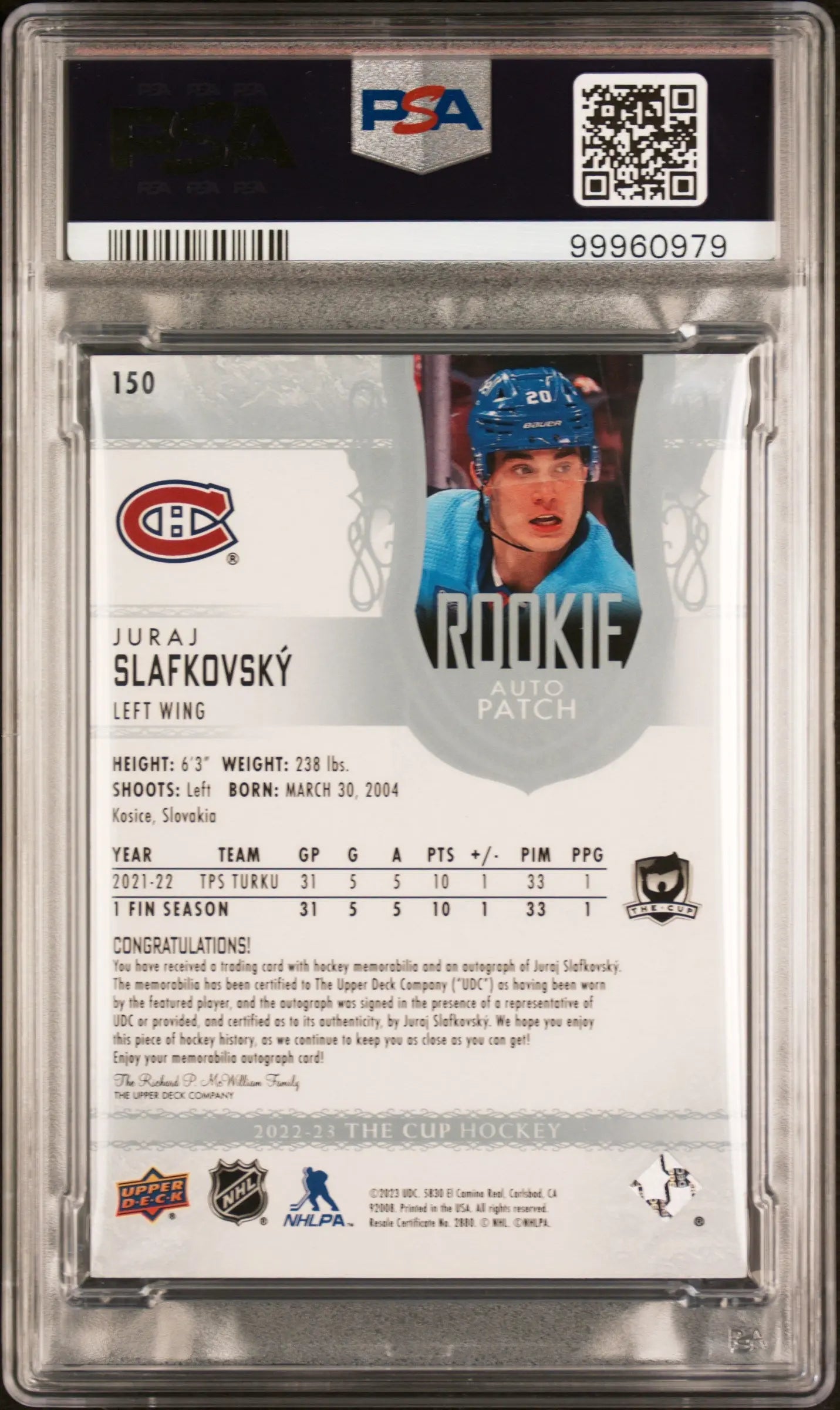 2022-23 Upper Deck The Cup Juraj Slafkovsky Rookie Patch Auto PSA 10 96/99 - Hockey Collectible for NHL Fans & Sports Memorabilia Enthusiasts