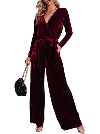 BerryGo Women's 2024 Velvet Formal Jumpsuit - Long Sleeve Wide Leg V-Neck Romper with Belt & Pocket for Wedding Guest, Cocktail Party, Holiday Events & Special Occasions