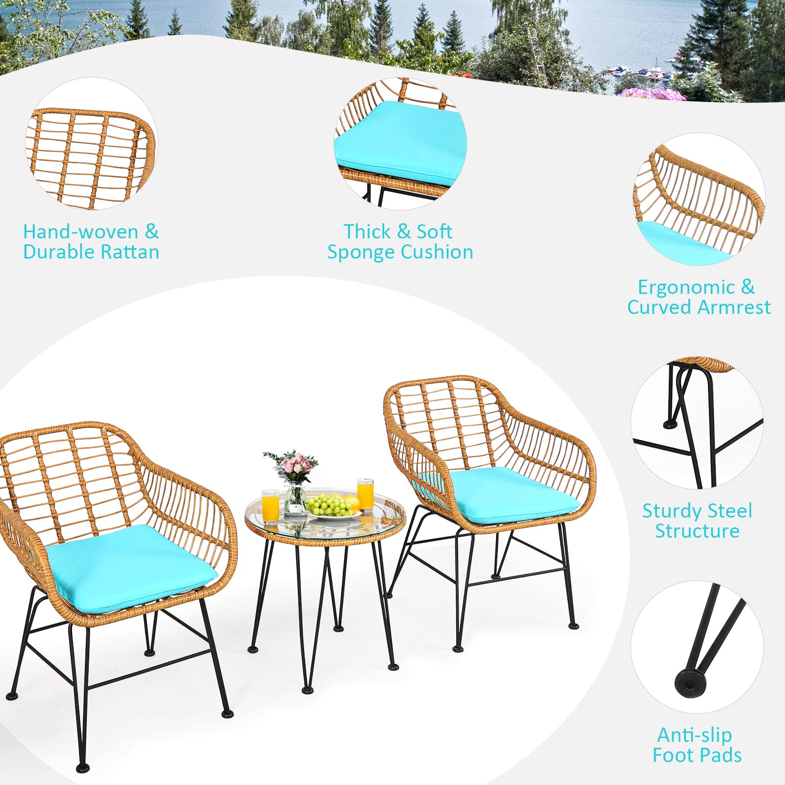 **Tangkula 3-Piece Patio Bistro Set - Rattan Wicker Conversation Set with 2 Cushioned Armchairs & Round Glass Coffee Table - Indoor/Outdoor Furniture for Balcony, Backyard, Garden, Poolside - Perfect for Relaxing, Entertaining & Outdoor Dining**