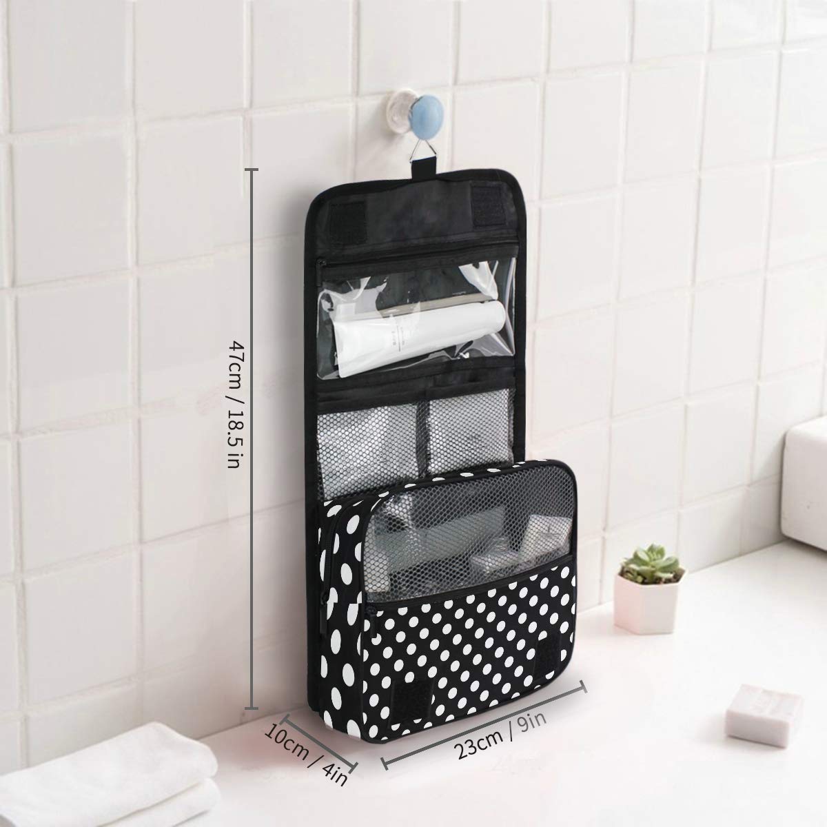AGONA Hanging Toiletry Bag for Women & Men - Black White Polka Dot Travel Cosmetic Organizer with Sturdy Hook | Portable Makeup Pouch for Bathroom, Gym, Camping & Vacation Essentials Storage