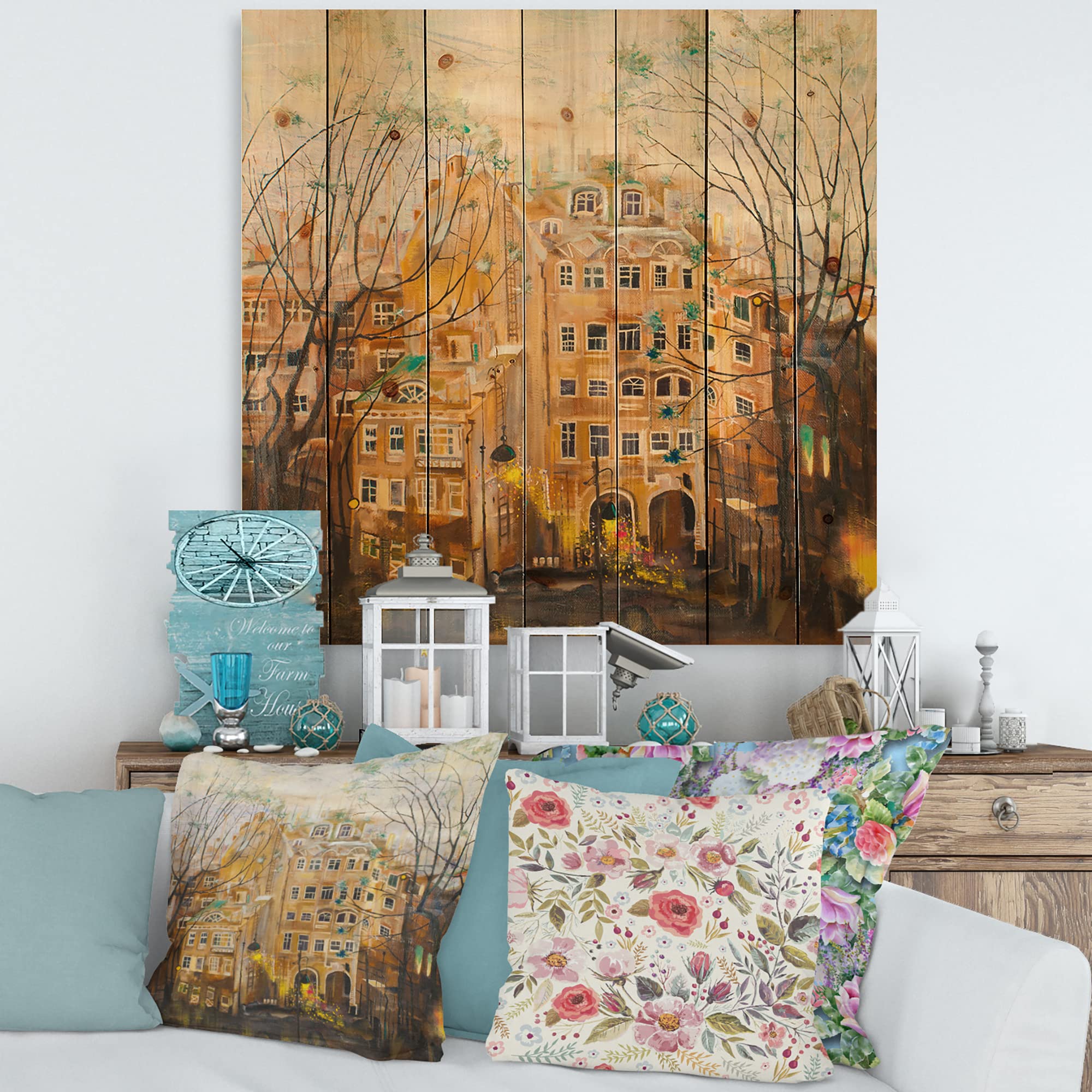 DesignQ Russian City Yard Traditional Wood Wall Decor - Large Beige Wood Wall Art with Cityscapes Printed on Natural Pine - Perfect for Living Room, Bedroom & Office Decor