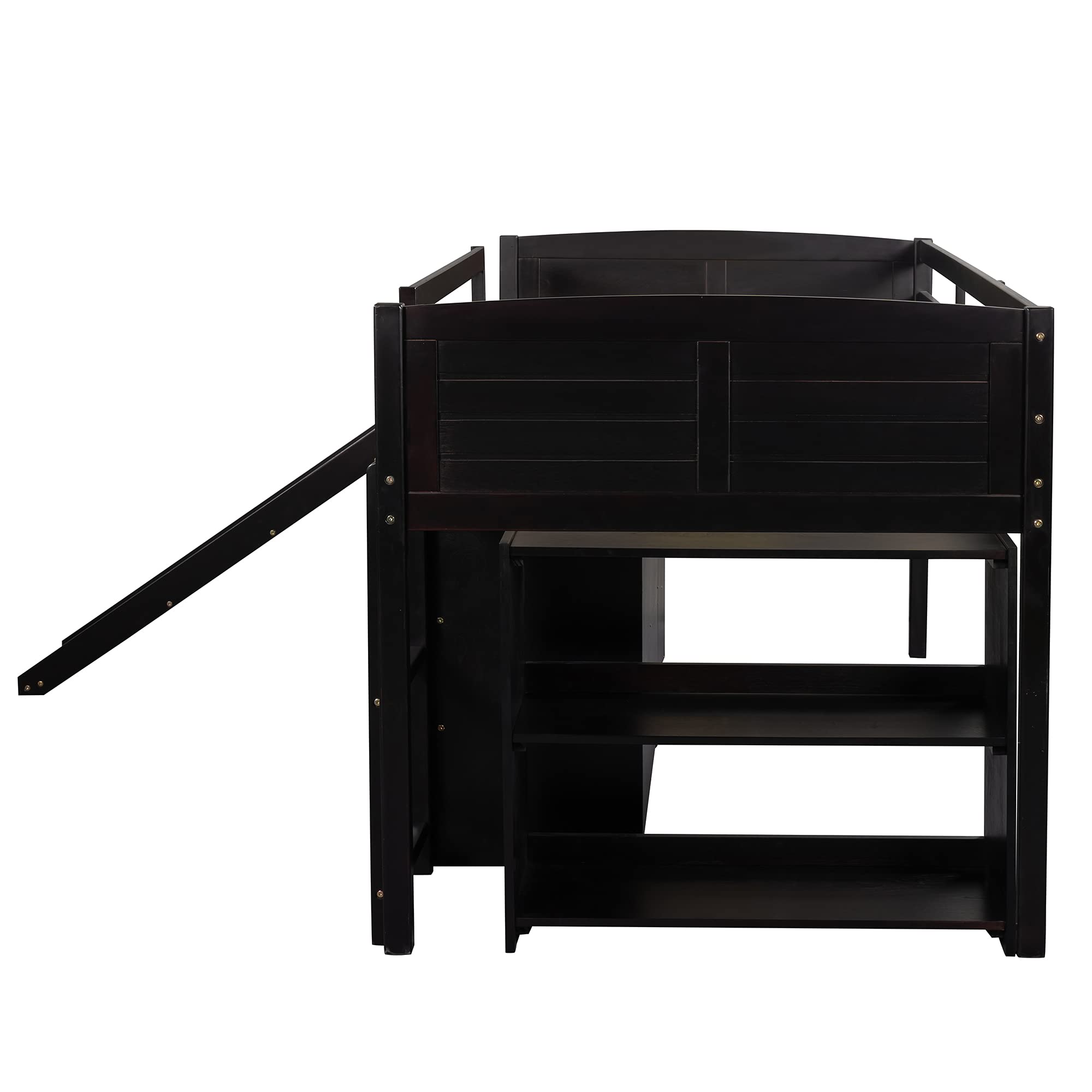 **Harper & Bright Designs Solid Wood Twin Low Loft Bed with Slide, Cabinets & Shelves – Espresso – Kids Bedroom Furniture for Boys & Girls – Perfect for Small Spaces & Playrooms**