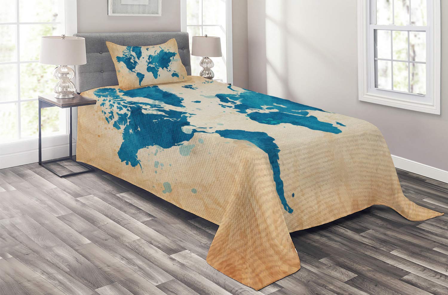 Ambesonne Vintage World Map Quilt Set - Watercolor Brushstrokes Old Backdrop Print, 2-Piece Twin Size Bedspread with Pillow Sham, Navy Blue & Sand Brown | Perfect for Boho Bedroom Decor, Guest Room Makeover & Travel-Themed Home Design