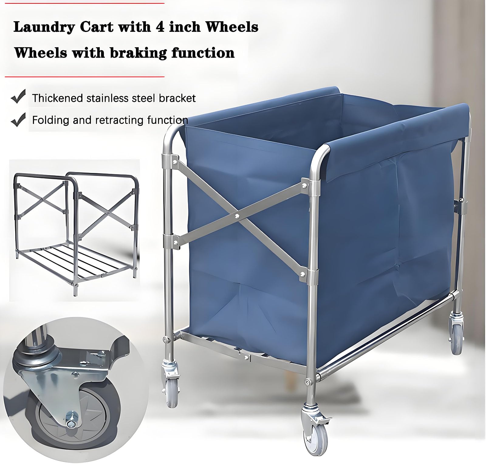 Heavy Duty Collapsible Laundry Cart on Wheels - 12 Bushel (400L) Capacity, 300 LB Weight Limit with Removable Liner Bag - Large Folding Commercial Laundry Basket for Home, Laundromat, Dorm, and Hotel Use
