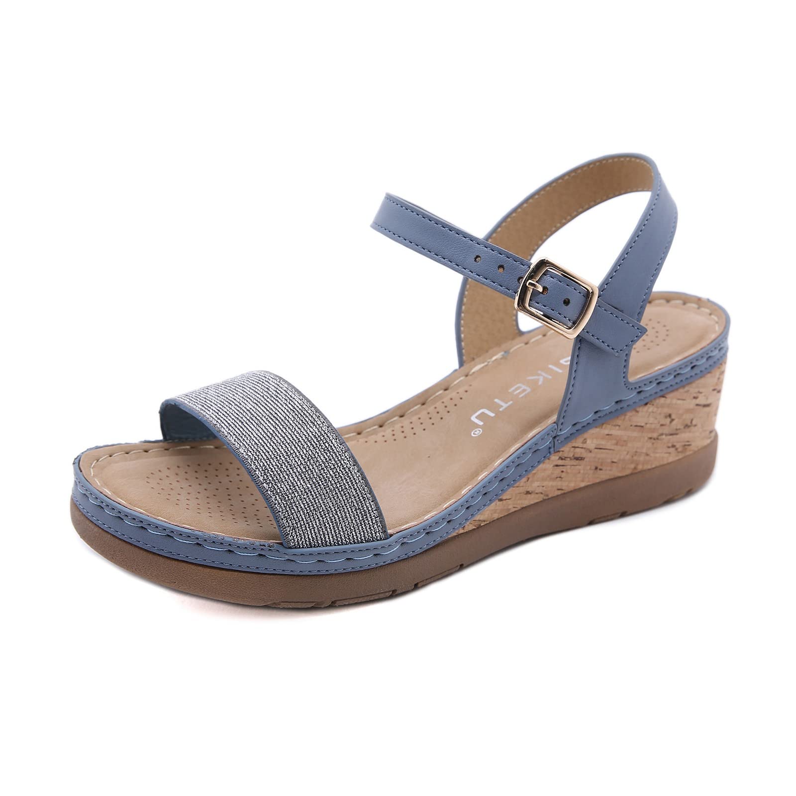 Women's Roman Glitter Platform Sandals - Solid Color Buckle Wedge Heel Summer Shoes for Beach, Pool & Casual Outings