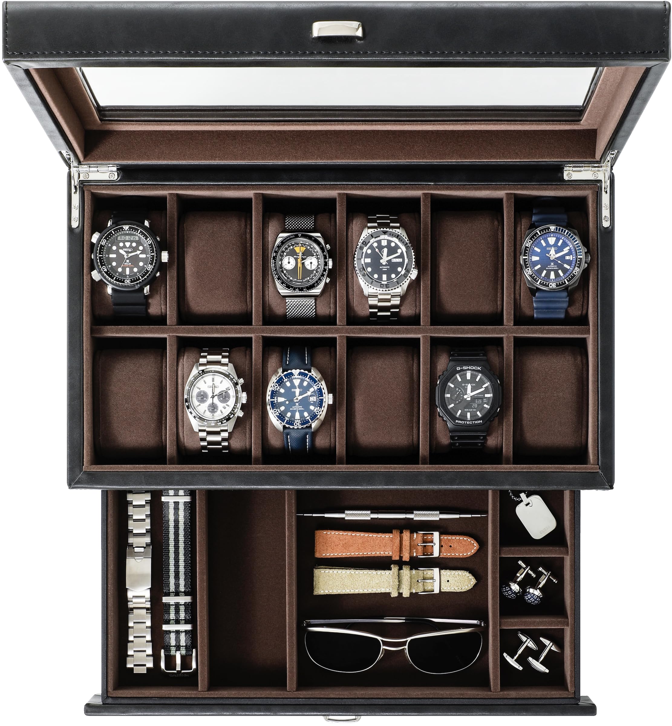 TAWBURY 12-Slot Watch Box for Men - Faux Leather Watch Storage Case | Perfect for Watch Collection & Display