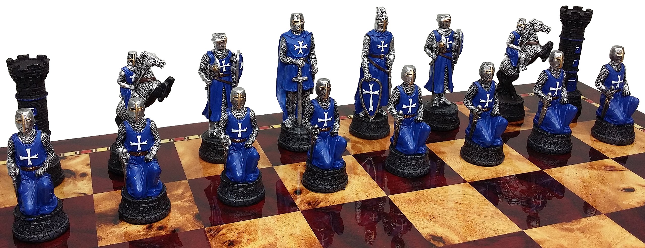 Hand-Painted Medieval Crusades Knight Chess Set with Maltese Cross - Blue & White Chessmen (No Board Included) - Perfect for Historical Game Nights & Collectors