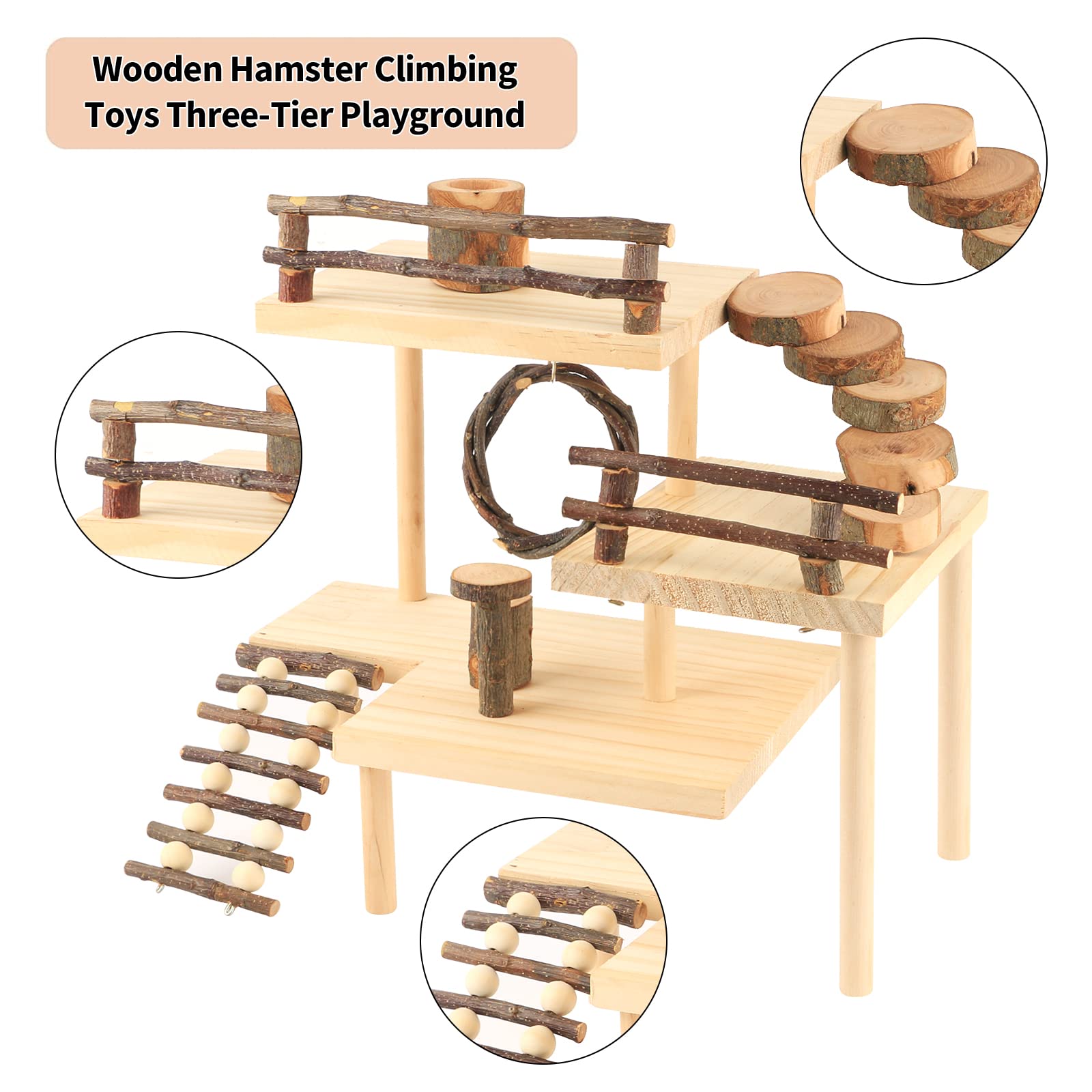 HOSUKKO 3-Tier Extra Large Hamster Climbing Toys - Natural Wooden Small Animal Playground with Bridge for Dwarf Hamsters, Mice & Gerbils - Perfect for Exercise, Exploration & Cage Enrichment (Great Gift for Pet Lovers)