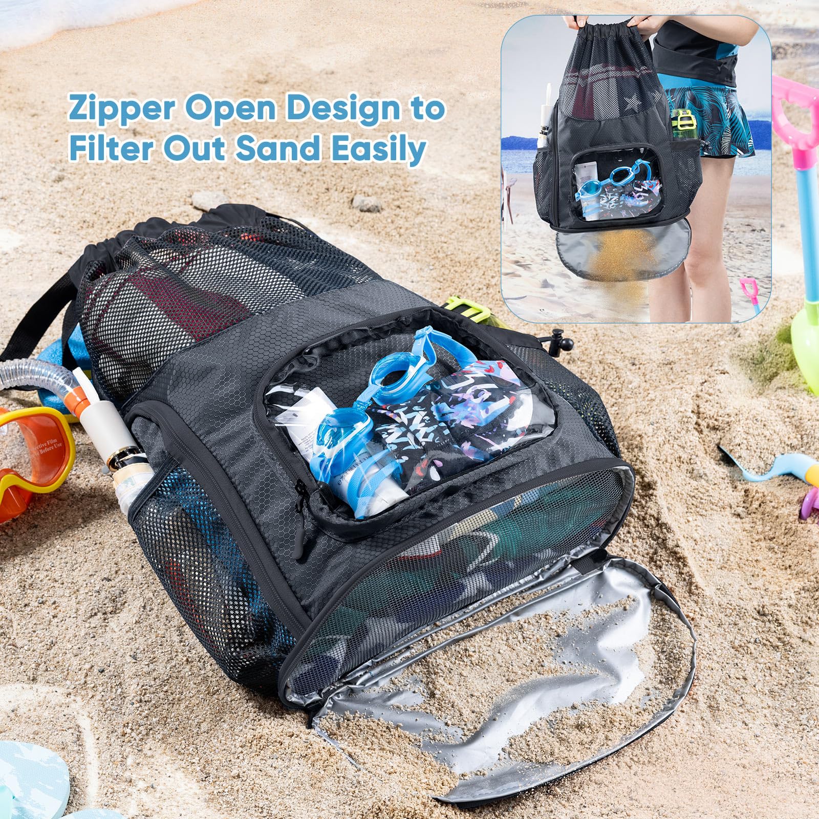 **Sandproof Drawstring Backpack - Breathable Mesh Beach Bag with Shoe Compartment & Toiletry Pockets - Water-Resistant Swim Bag for Pool, Beach, Summer Camp - Perfect for Travel, Gym & Outdoor Activities**