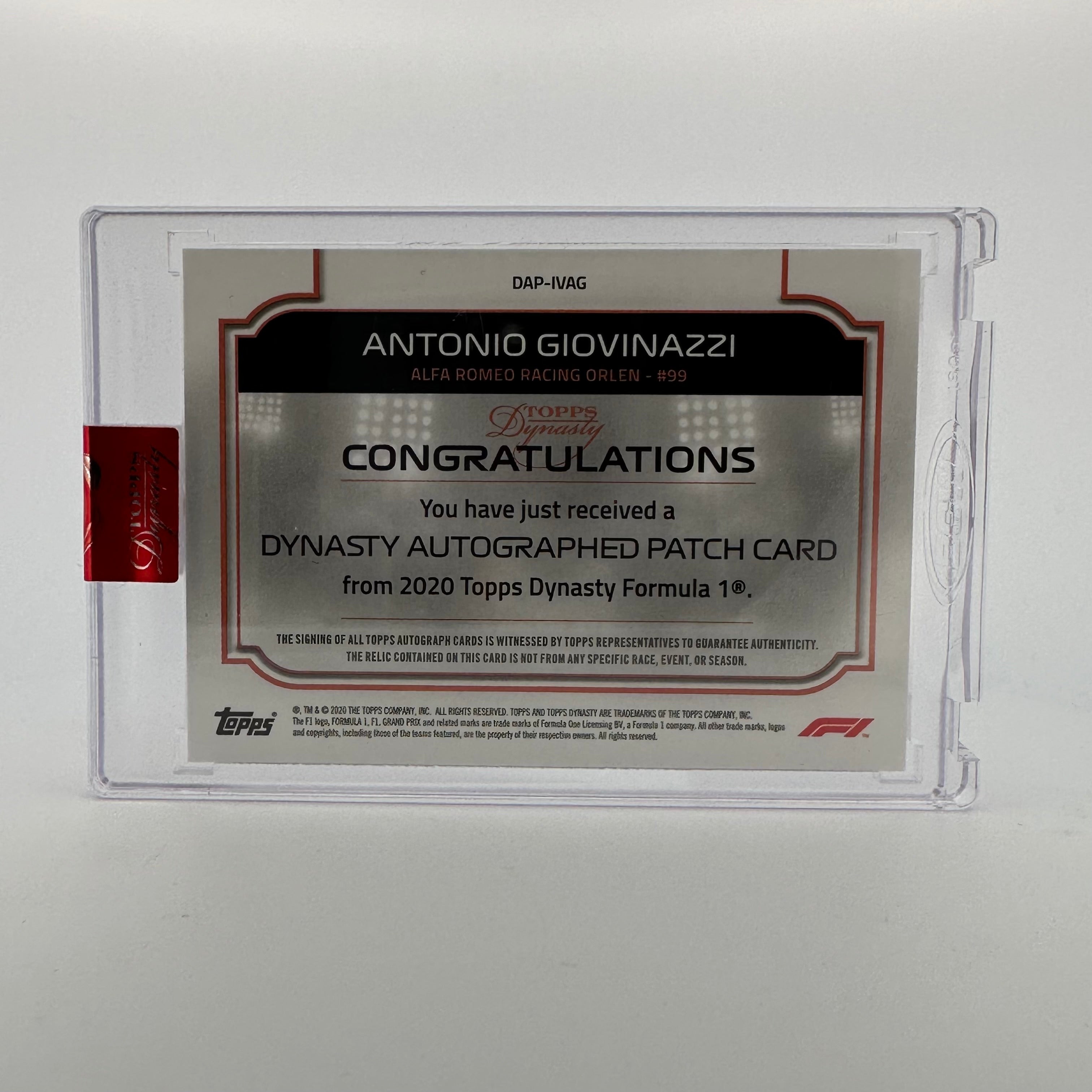 08/10 Silver Antonio Giovinazzi #DAP IVAG 2020 Dynasty Autograph Patch - Rare Collectible Trading Card for F1 Fans, Sports Memorabilia Enthusiasts - Perfect for Display, Gifts, and Investment