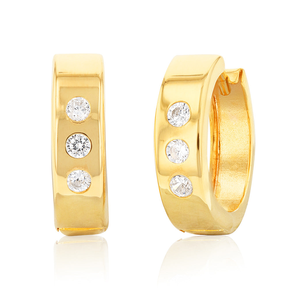 9ct Silver Filled Yellow Gold Cubic Zirconia 10mm Hoop Earrings for Women - Elegant Everyday Jewelry for Work, Party & Special Occasions