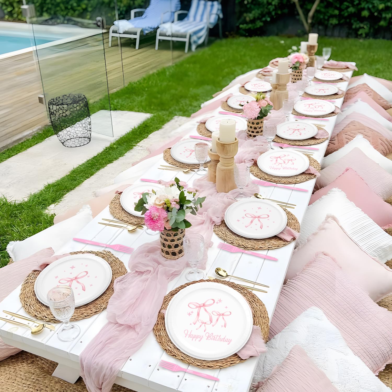 96Pcs Pink Bow Birthday Party Decorations Set - Coquette Theme Tableware Includes Napkins, Plates & Forks - Perfect for Girls Birthday Party, Baby Shower, Bridal Shower & Themed Events