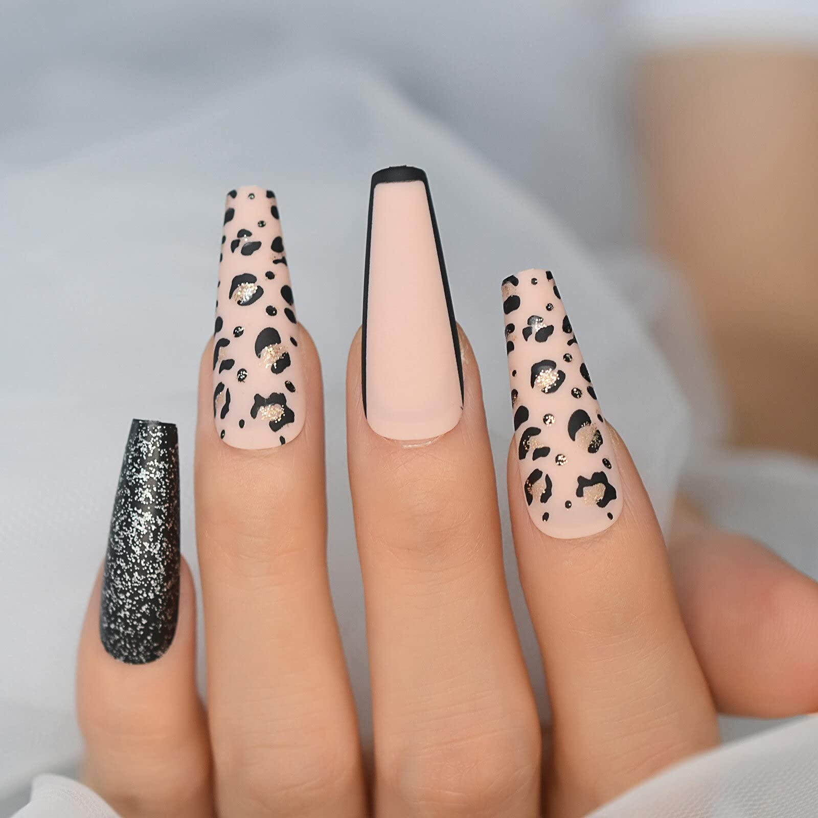 Extra Long Beige Press On Nails with Leopard Matte Design - Full Cover Acrylic False Nails with Glitter Tips for Manicure | Perfect for Parties, Weddings & Special Occasions