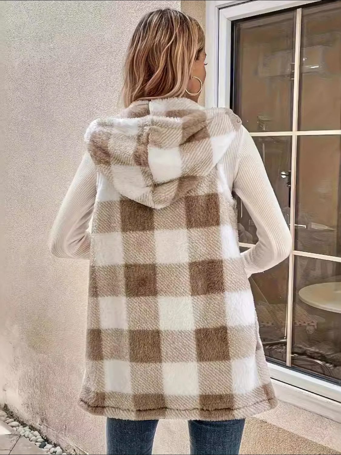 Cozy Plaid Hooded Vest for Women - Winter Warm Fleece Jacket for Outdoor Activities & Casual Wear