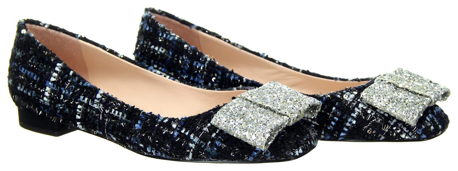 J Crew Women's Poppy Ballet Flats - Tweed Glitter Bow Flat Shoes in Ocean Black | Comfortable & Stylish for Work, Parties & Everyday Wear