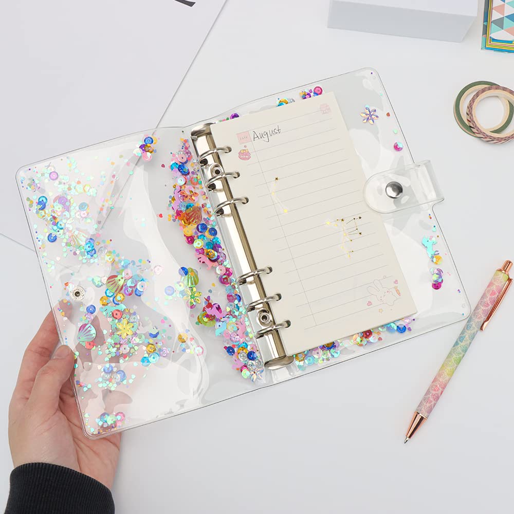 Glitter Quicksand Soft PVC A6 Binder Cover - 6 Ring Planner Protector with Snap Button Closure for Loose Leaf, School, Office & Travel Organization (Pink/Blue) | Perfect for Notebooks, Journals & Document Storage