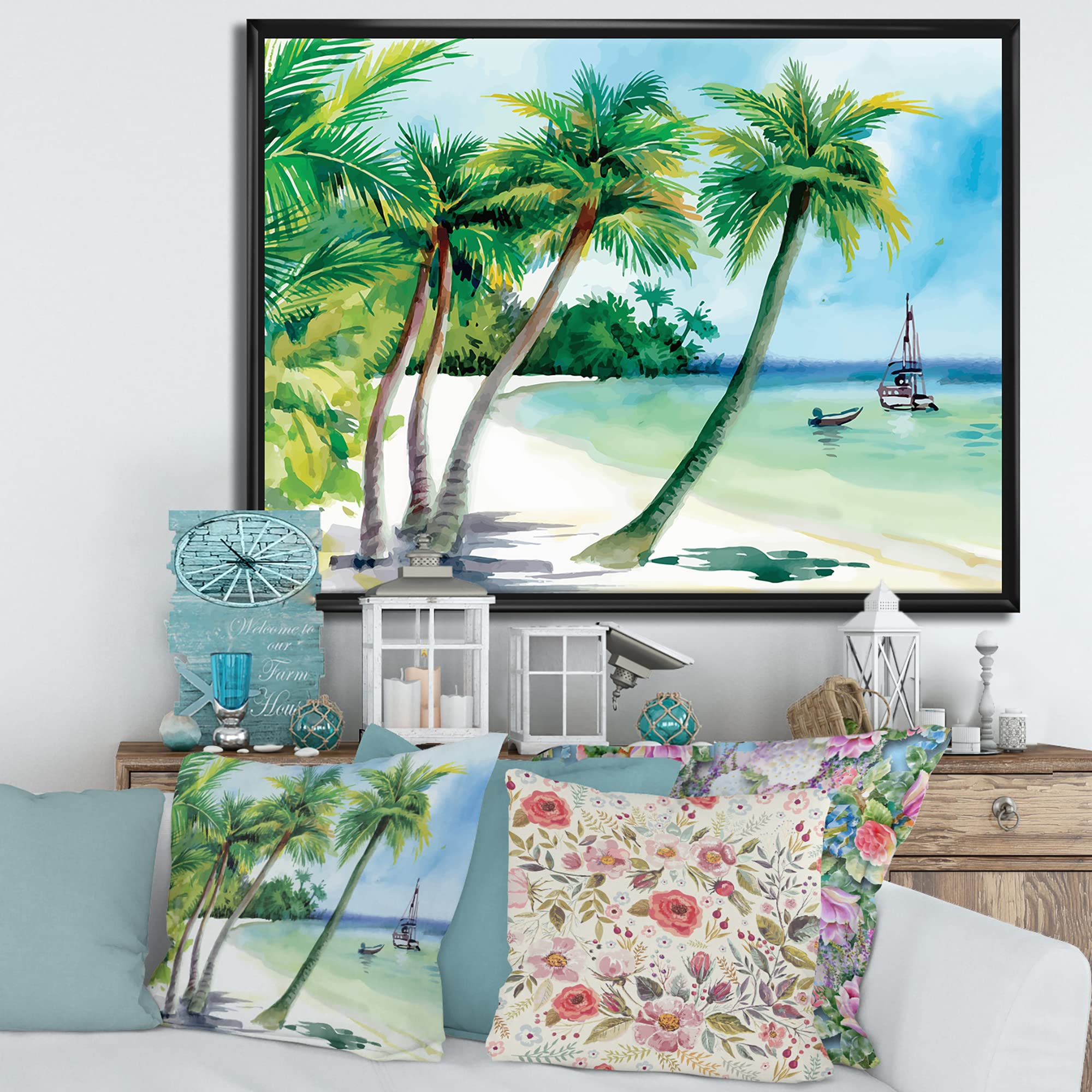 DesignQ Summer Beach With Palm Trees - Coastal Framed Canvas Wall Art Print for Living Room, Bedroom & Office Decor | Nautical Theme Home Décor
