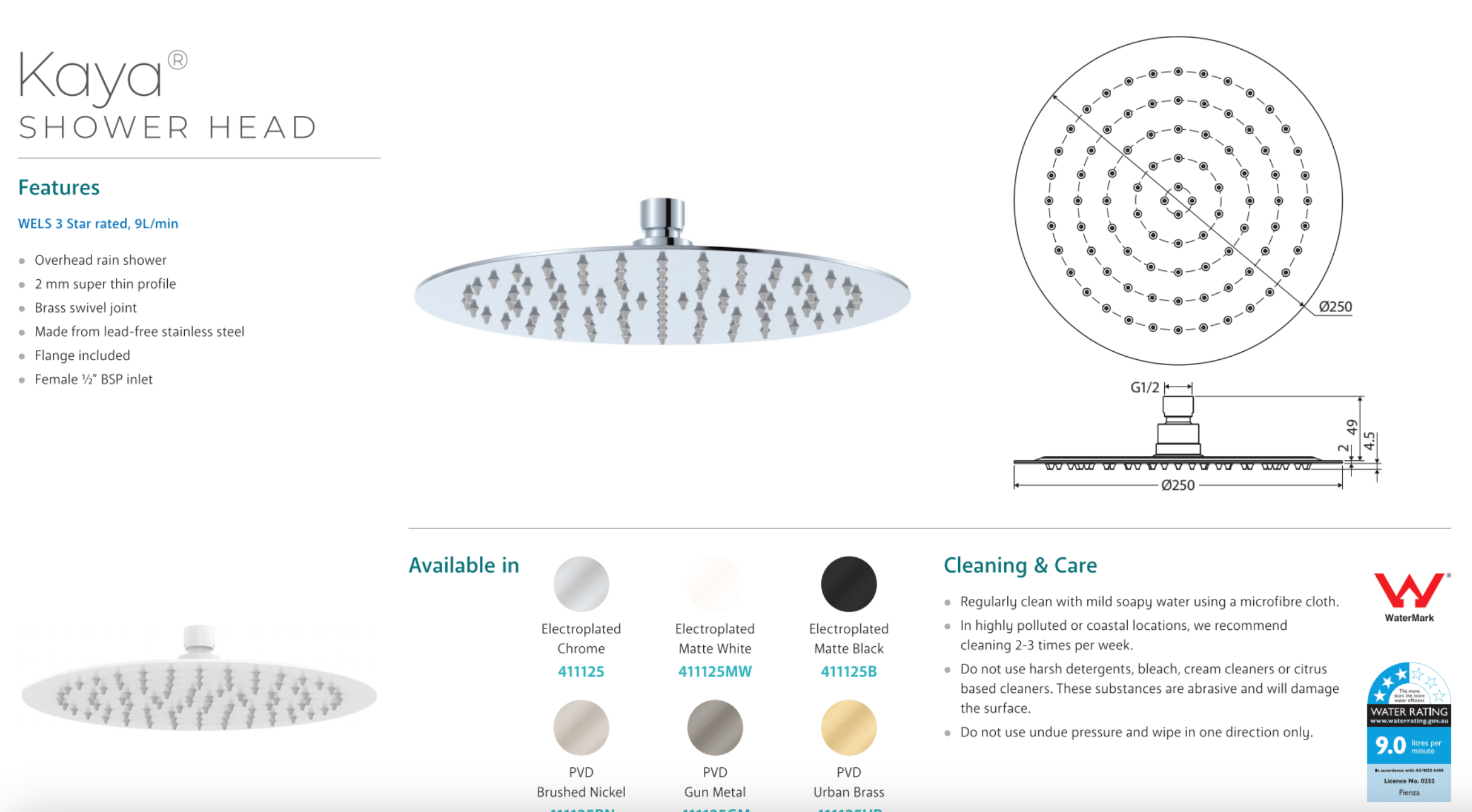 Fienza 411125MW Kaya Round Shower Head in Matte White - High Pressure Rainfall Showerhead for Bathroom & Spa Relaxation