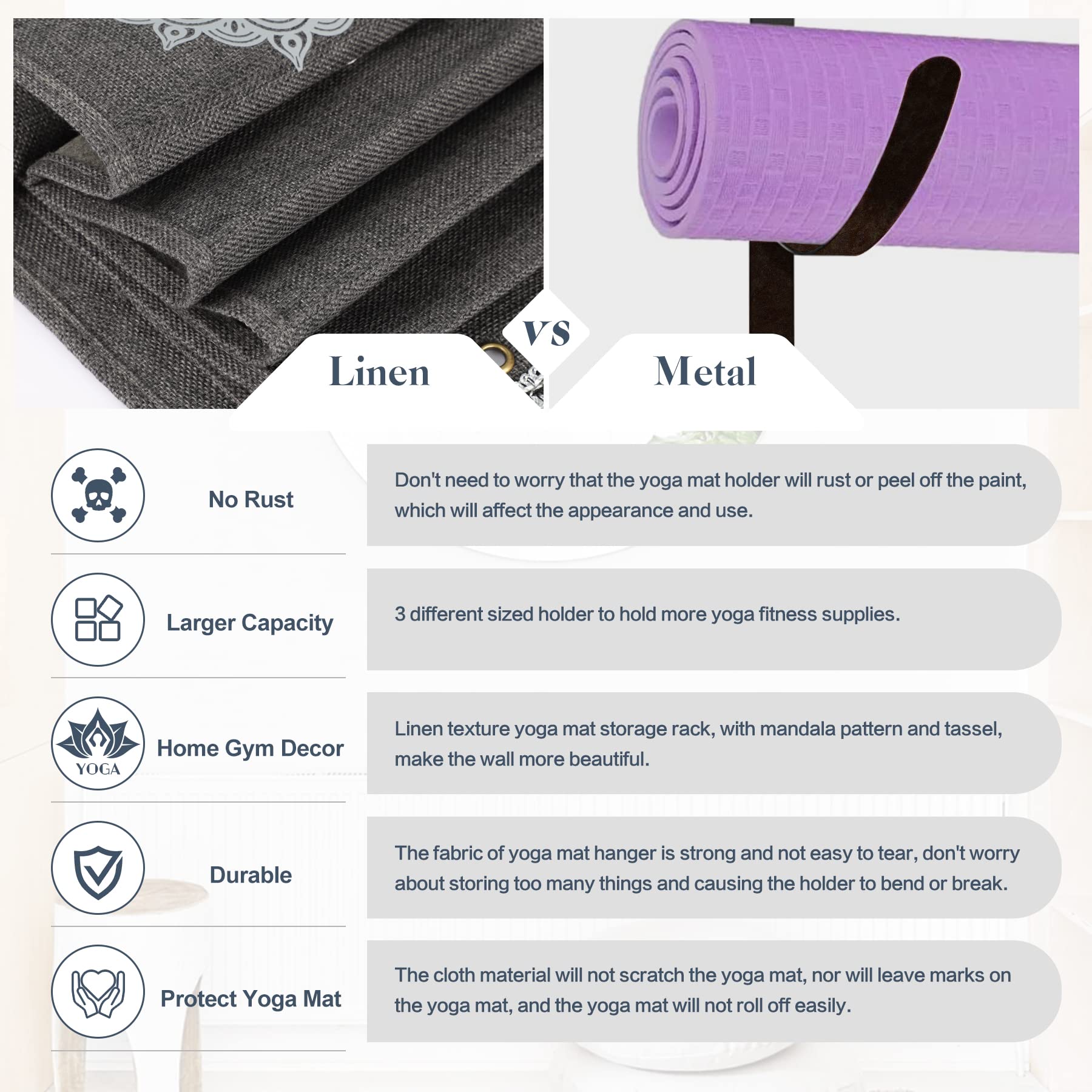 Premium Yoga Mat Holder Wall Mount Organizer - 4 Hooks & Wooden Shelves for Foam Rollers, Towels & Resistance Bands - Space-Saving Home Gym, Yoga Studio & Office Storage Solution