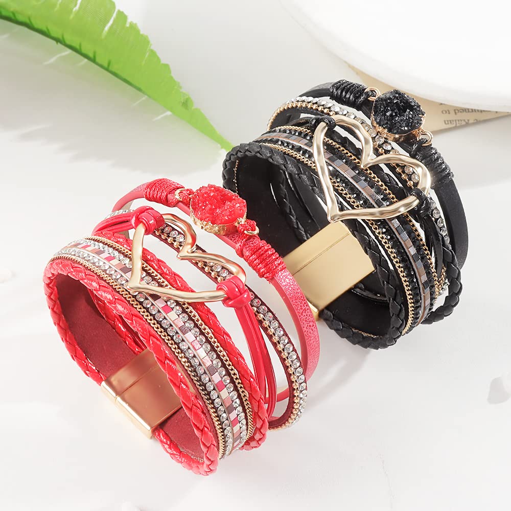Stylish Heart Bracelets for Women - Boho Leather Wrap Bracelets, Trendy Layered Chunky Stackable Jewelry, Perfect Valentine's Day Gifts for Her | Great for Everyday Wear, Gift Giving & Special Occasions | Ideal for Date Nights, Office Wear & Boho Fashion Outfits