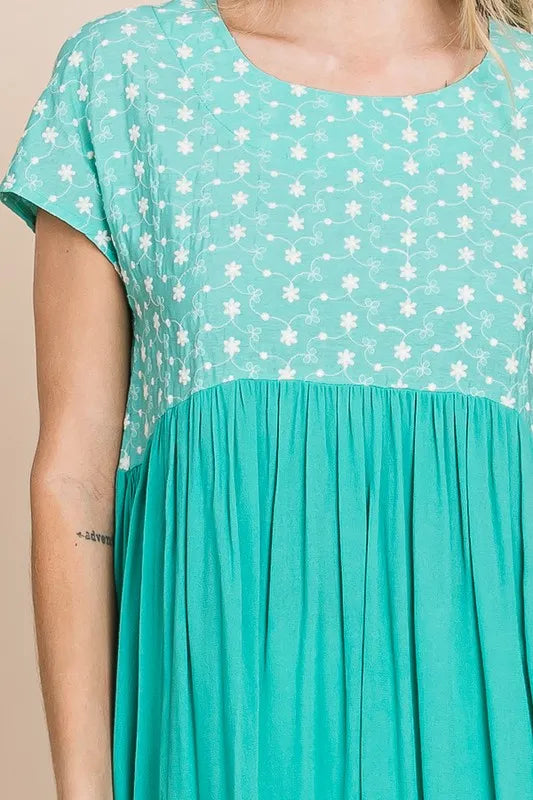 Women's Full Size Embroidered Mint Green Short Sleeve Pleated Babydoll Top - Casual Summer Blouse for Beach, Date Night & Everyday Wear