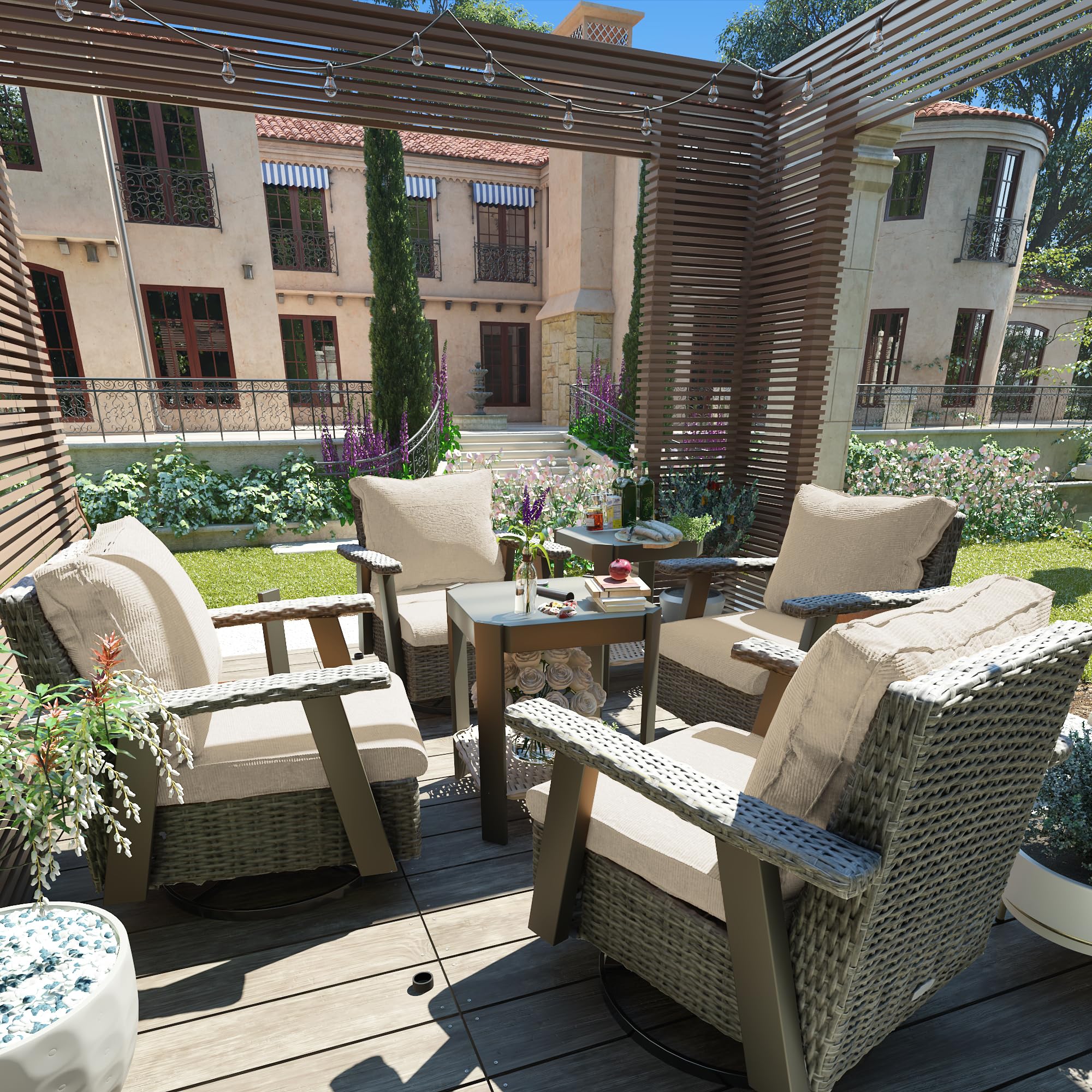 Premium 4-Piece Swivel Rocking Patio Chair Set with 2 Side Tables - Outdoor Wicker Furniture with Comfortable Cushions (Gray/Beige) for Backyard, Garden, Poolside & Deck Relaxation