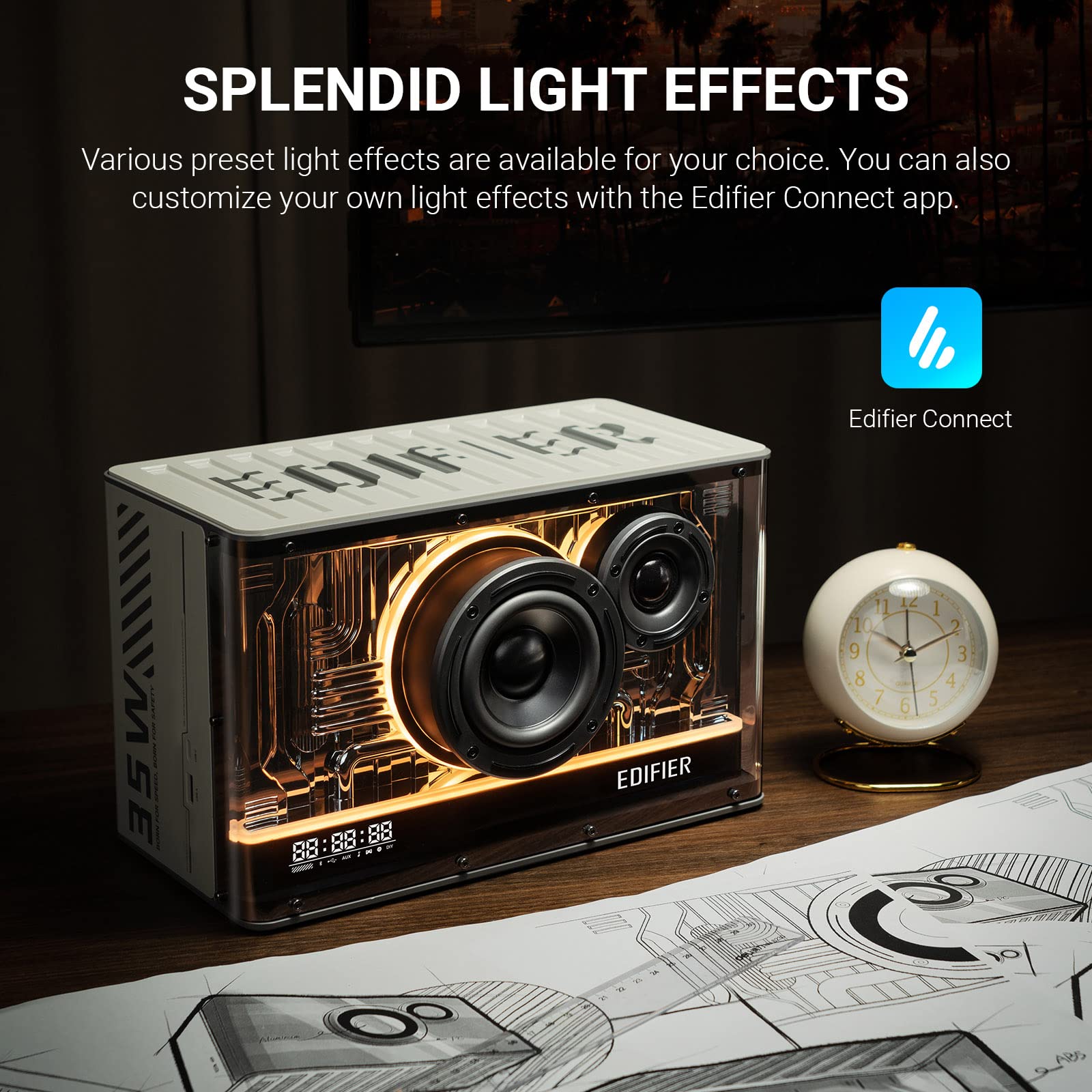 Edifier QD35 Bluetooth Speaker - Hi-Res Audio Wireless Certified, 35W GaN Fast Charging, RGB Light Effects - Perfect for Home, Office & Gaming (White)