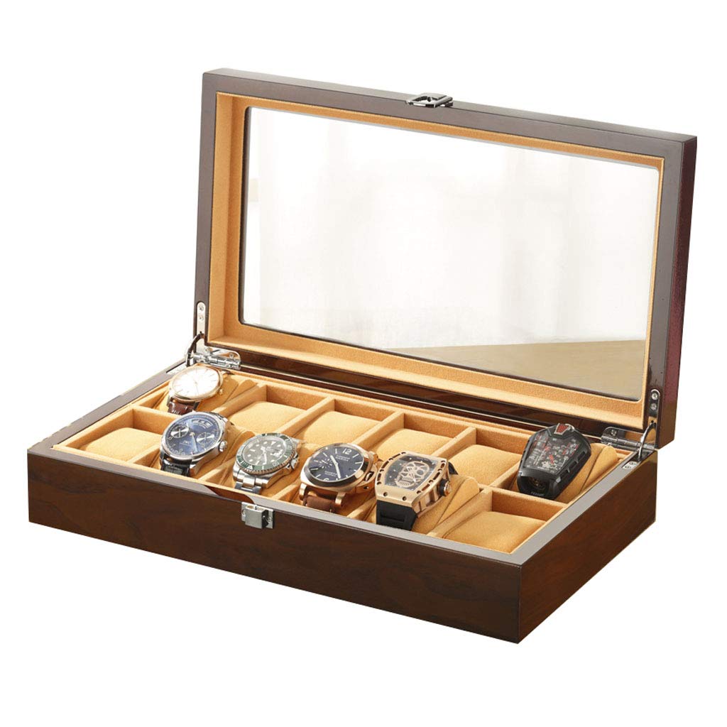 12-Slot Wooden Watch Box with Glass Top - Velvet Lined Jewelry & Watch Storage Case with Lock & Cushions - Perfect Gift for Watch Collectors & Jewelry Organization at Home or Office