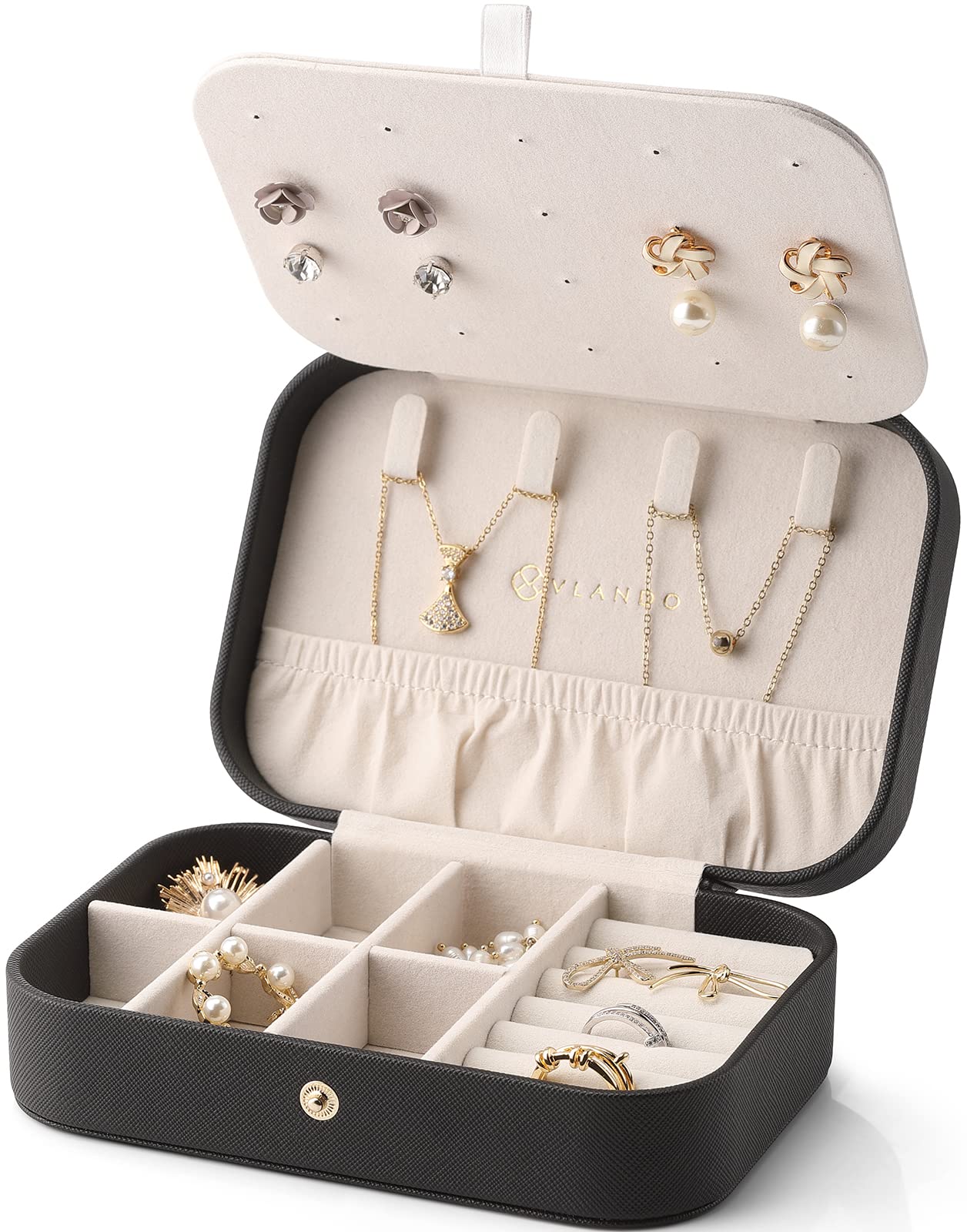 Portable Travel Jewelry Organizer Case - Double Layer Small Jewelry Box for Earrings, Necklaces & Rings | Vintage Jewelry Storage for Women & Girls | Perfect Birthday Gift & Travel Accessory | Black