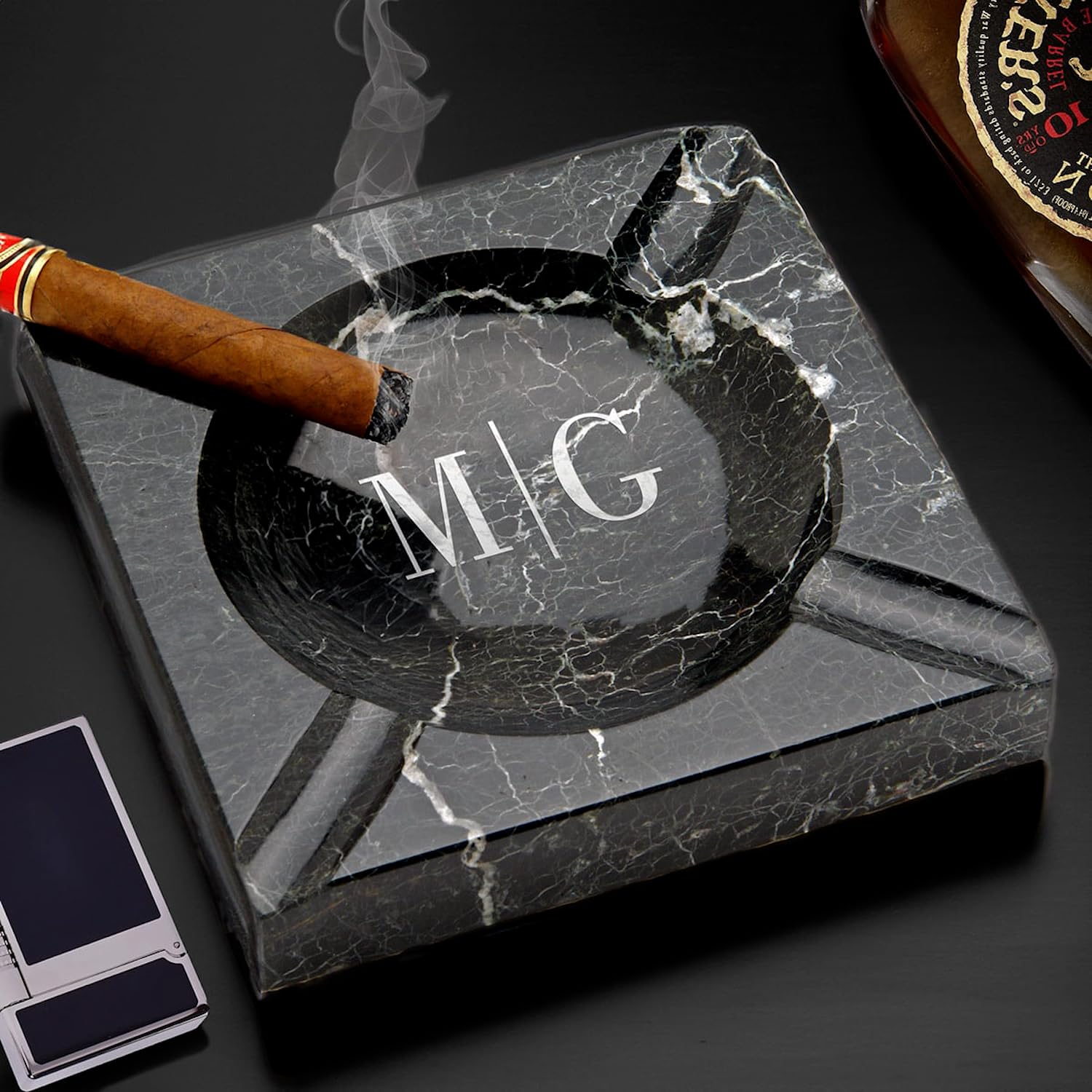 Personalized Black Marble Square Cigar Ashtray with Laser Engraved Monogram - Custom Cigar Accessories for Men, Luxury Smoking Gifts, Home Bar & Office Decor