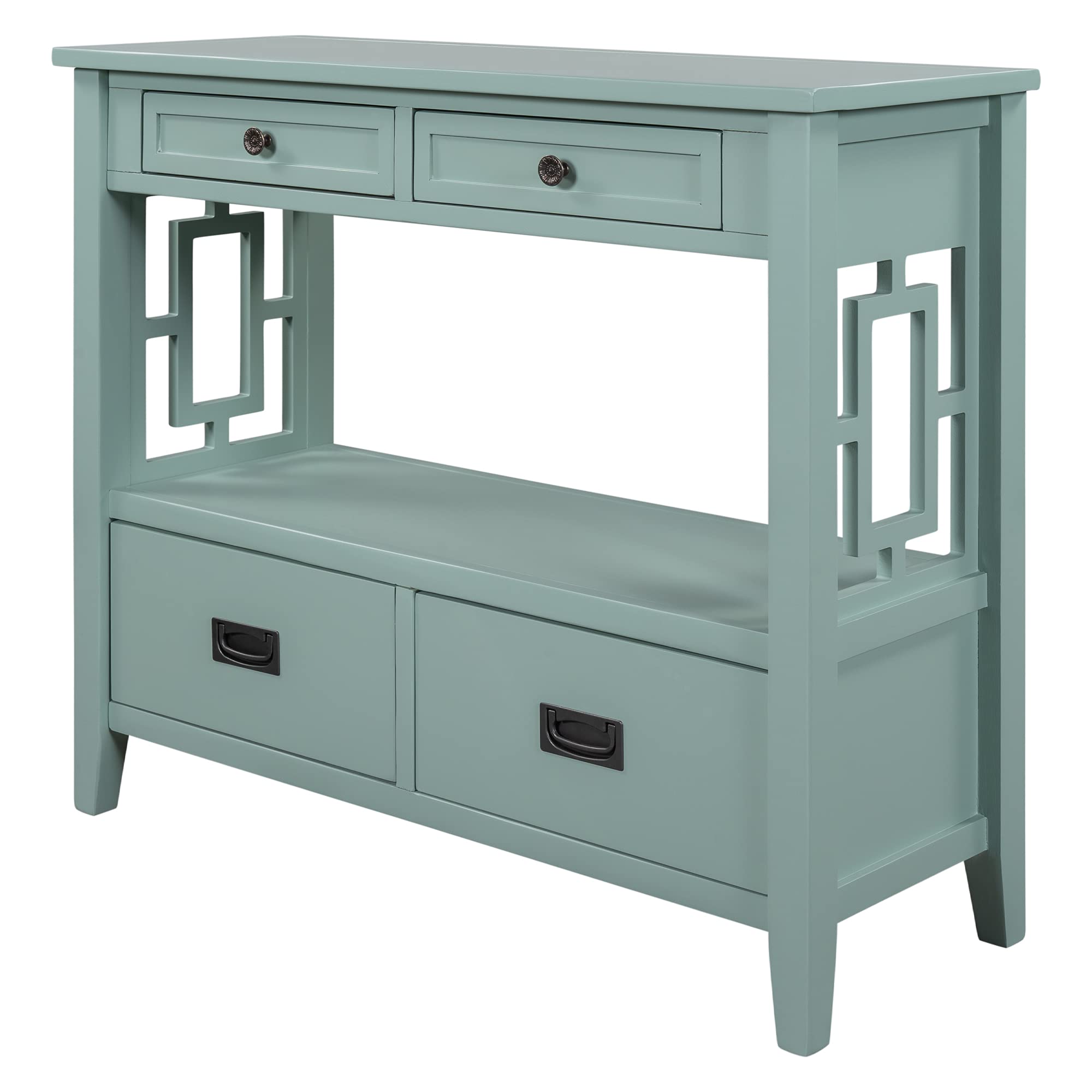 Quarte Retro Style Console Table - Entryway Hallway Sofa Table with 4 Drawers & 1 Shelf, Thick Wood Accent Side Table for Living Room, Bedroom - Easy Assembly (Green) | Perfect for Small Spaces, Apartment Decor & Home Organization