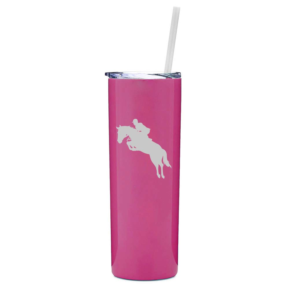 20 oz Skinny Tall Stainless Steel Vacuum Insulated Tumbler with Straw - Horse & Rider Design (Hot Pink) - Perfect for Travel, Office & Outdoor Activities