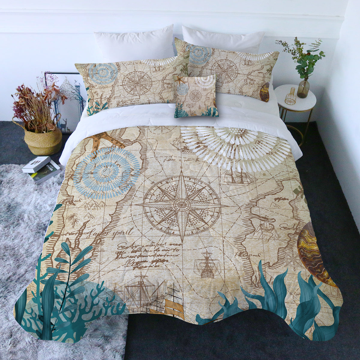 Nautical Chart Quilt Set - Coastal Themed Bedding Collection | Blue and White Ocean Map Design | Perfect for Beach House, Boat, or Nautical Nursery Decor