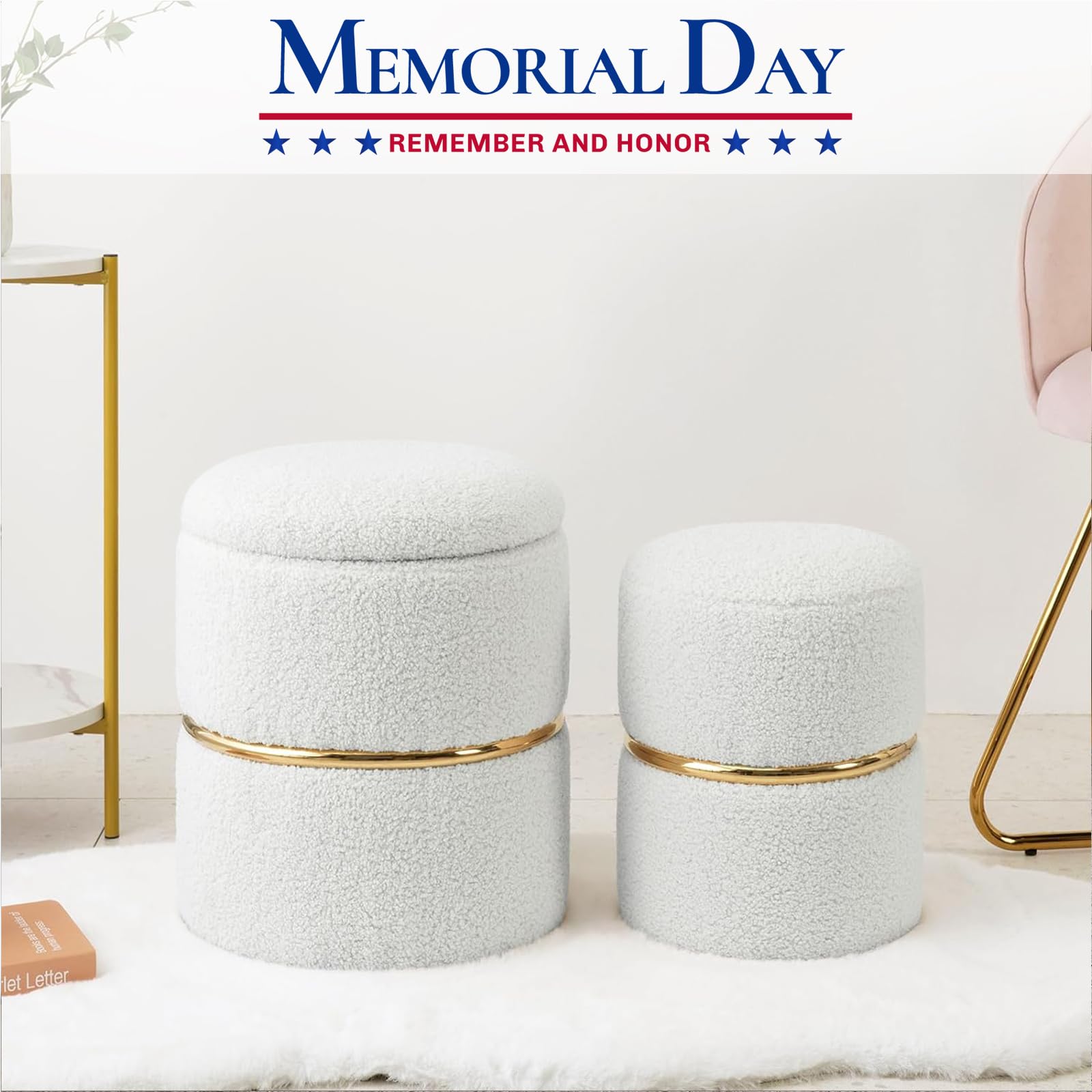 Luxury Faux Fur Round Storage Ottoman with Gold Metal Hoop - Upholstered Vanity Stool & Foot Rest, Pack of 2 - Perfect for Living Room, Bedroom & Entryway - Multi-Functional Coffee Table & Seating Solution for Home Decor