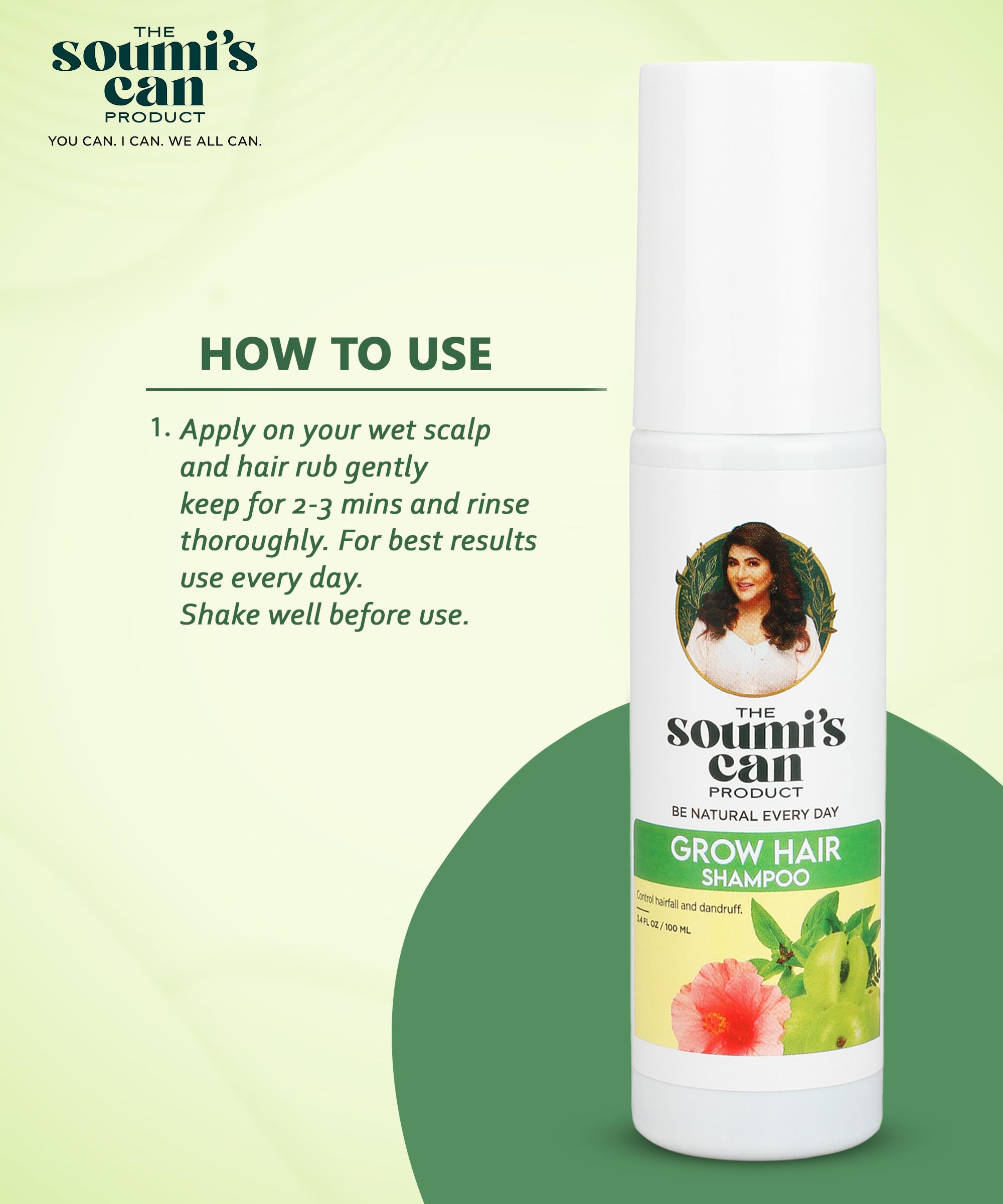 SOUMI'S CAN Grow Hair Shampoo with Tulsi, Amla & Hibiscus - Anti Hair Fall & Dandruff Control Shampoo - Volumizing & Nourishing Herbal Formula for Women & Men - 100ml (Pack of 2) - Perfect for Daily Hair Care & Scalp Health
