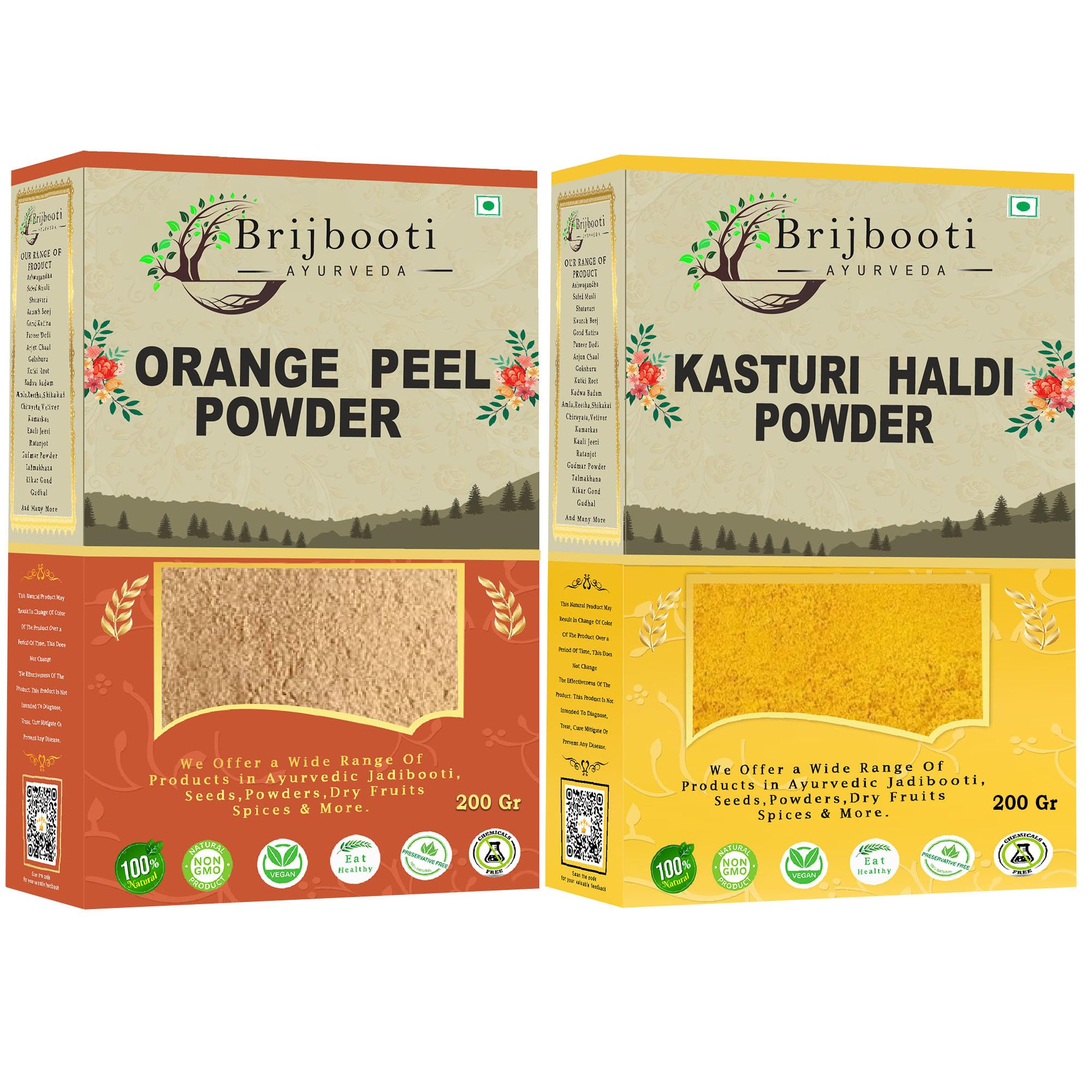 BrijBooti Orange Peel Powder & Kasturi Turmeric Powder Face Mask Combo (400g) - Natural Skin Brightening & Nourishing Treatment - Perfect for DIY Skincare, Glowing Complexion & Acne Care (200g Each) | Use for Homemade Face Packs, Spa Day & Ayurvedic Beauty Routines