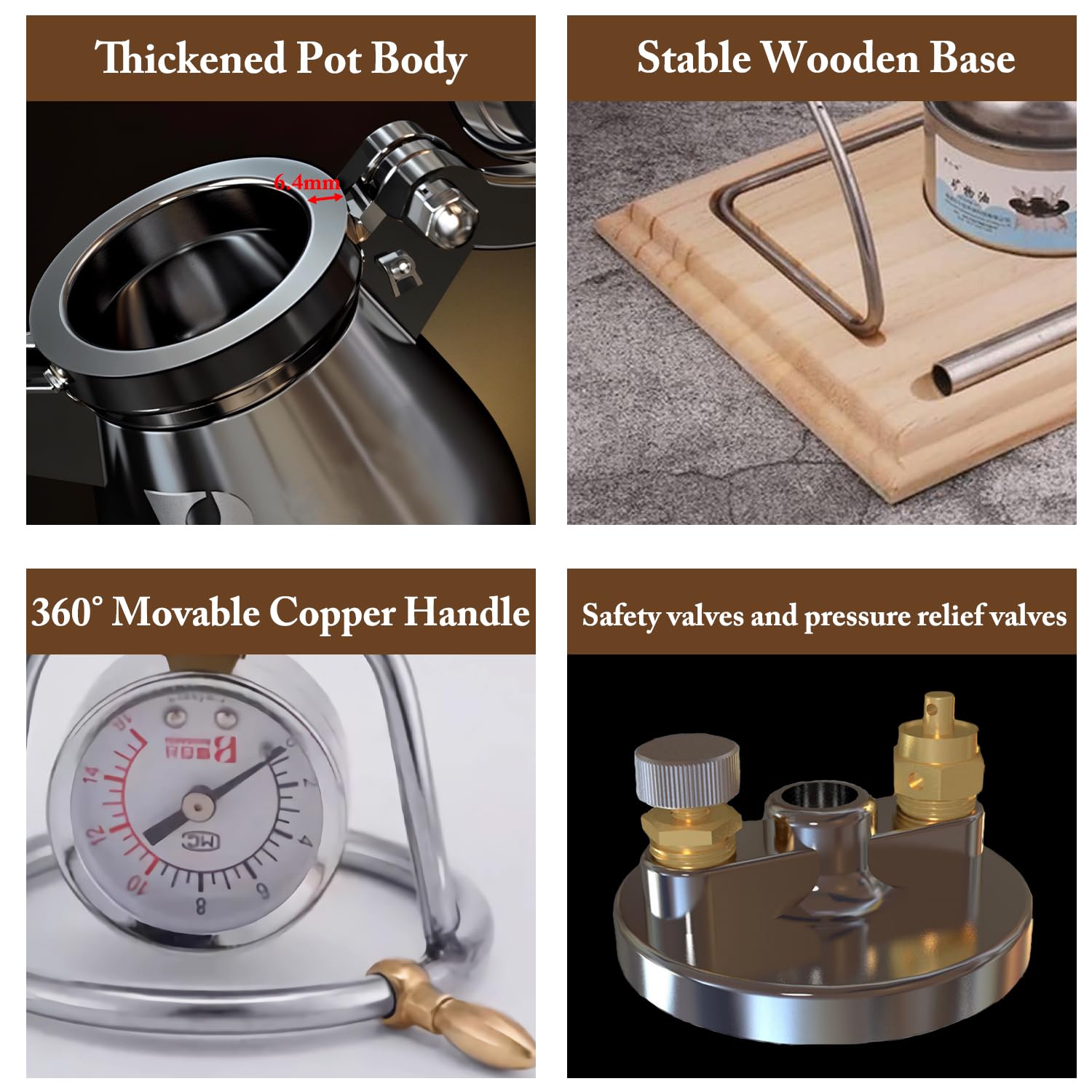 304 Stainless Steel Popcorn Maker Machine - 260ml Hot Air Popper with Wooden Base & Dual Pressure Valve - Perfect for Movie Nights, Parties, and Home Theater Snacks