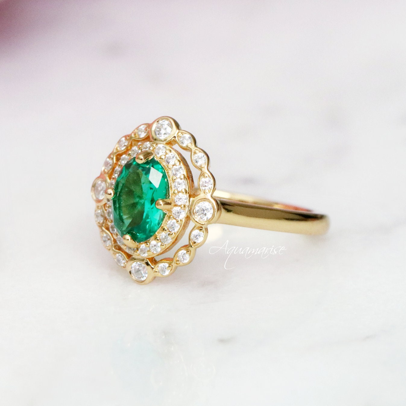 Valentina Emerald Ring - 14K Yellow Gold Vermeil Engagement Ring for Women, Elegant Green Gemstone Jewelry Gift for Her - Perfect for Weddings, Anniversaries & Special Occasions