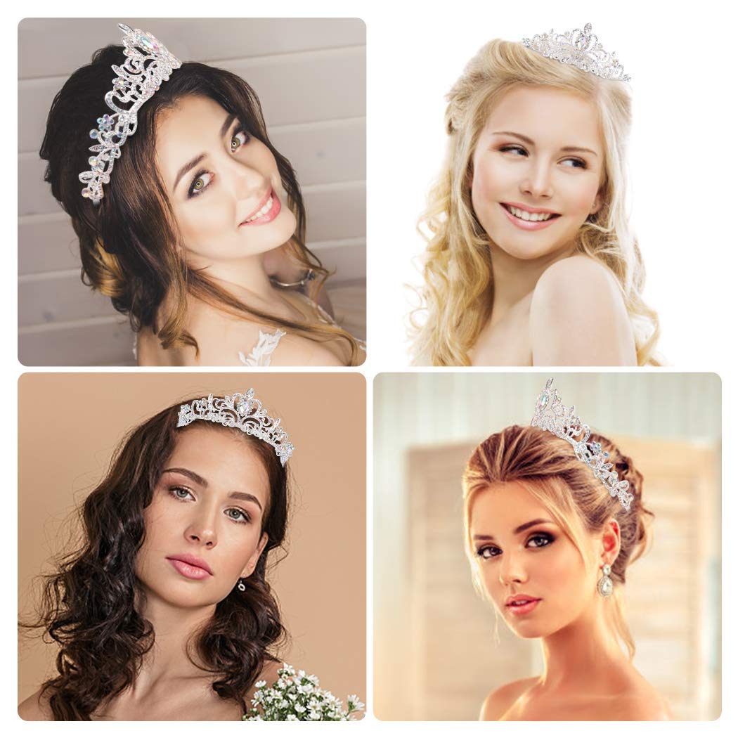 COCIDE Silver Tiara Crown with Aurora Borealis Crystals | Princess Rhinestone Headband with Combs | Bridal Wedding Prom Birthday Party Hair Accessories for Women & Girls | Perfect for Brides, Pageants, and Special Occasions