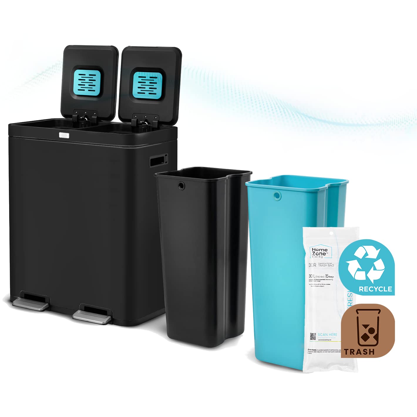 15.8 Gallon Stainless Steel Kitchen Trash Can with Odor Control - Dual Removable Liners for Recycling & Waste - Matte Black Home Trash Bin for Kitchen, Office & Bathroom - Home Zone Living CleanAura Series