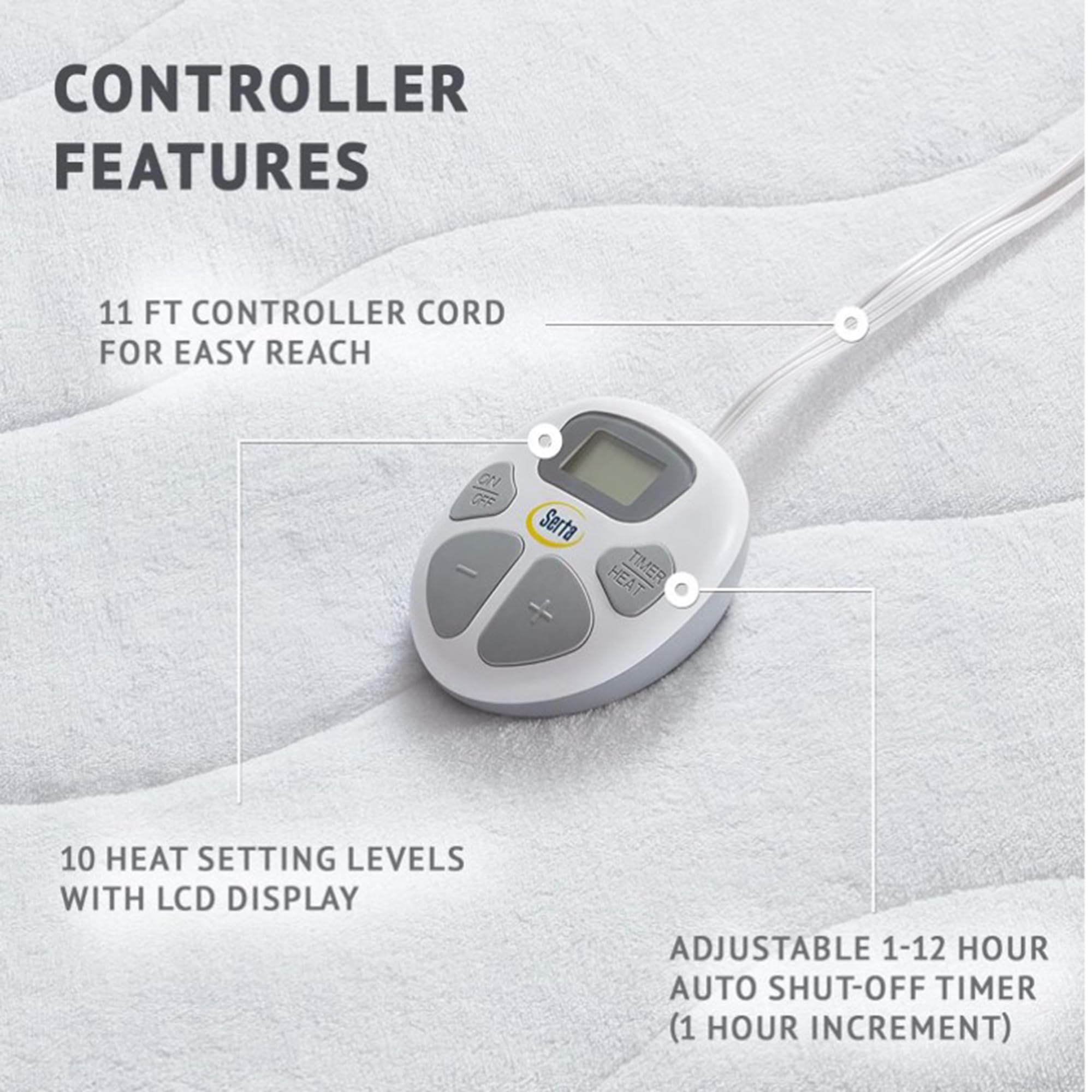 Serta Plush Heated Mattress Pad - Electric Bed Warmer with 10 Heat Settings & Auto Shut Off - Machine Washable Queen Size Mattress Topper for Winter Warmth - ETL Certified Soft Fleece Electric Blanket for Cold Nights - Perfect for Bedrooms, Guest Rooms & Winter Camping