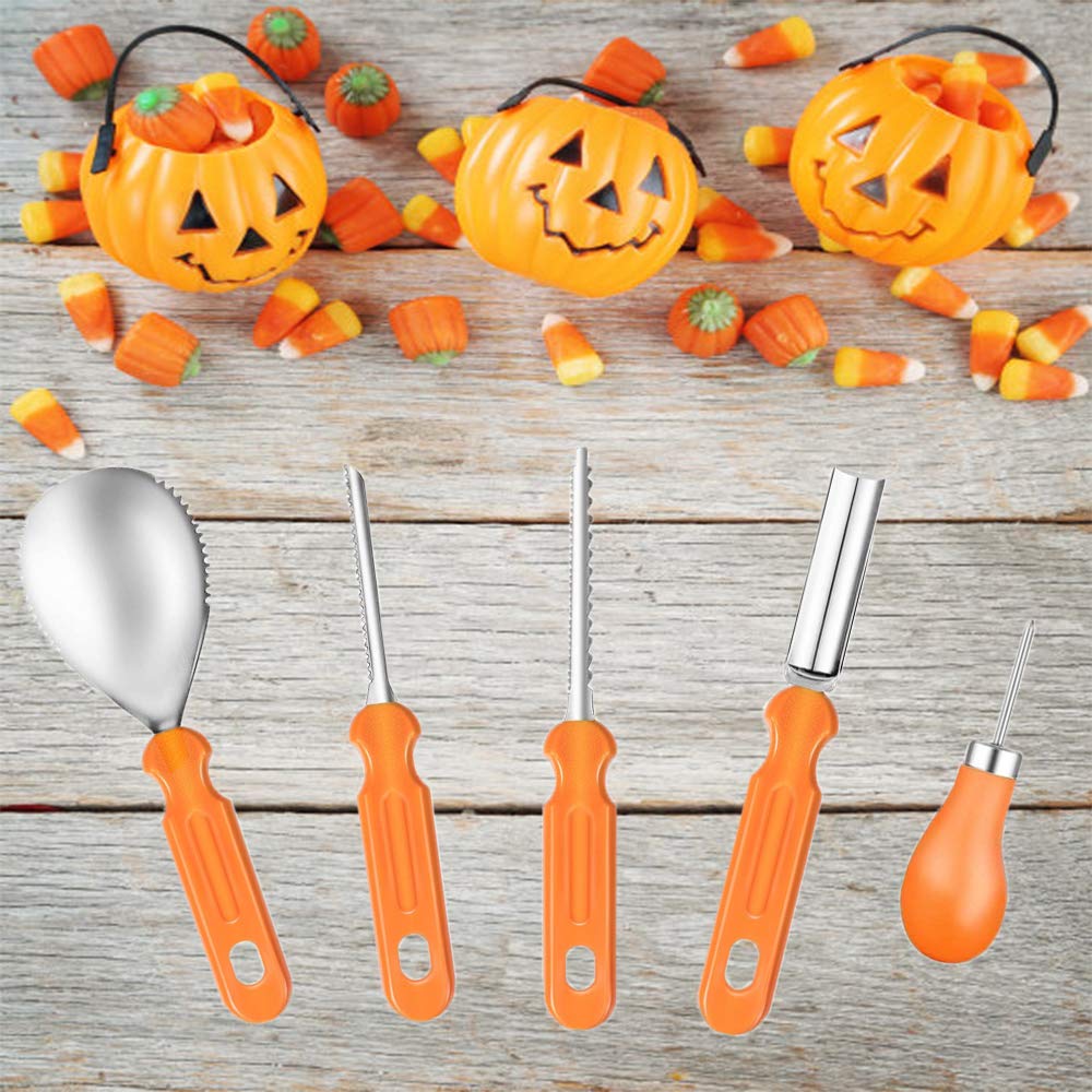 Halloween Pumpkin Carving Kit - 5 Piece Stainless Steel Pumpkin Carving Tools Set for Kids & Adults - Durable Pumpkin Carving Knives, Scoop & Stencils for Halloween Decorations & Pumpkin Carving Contests