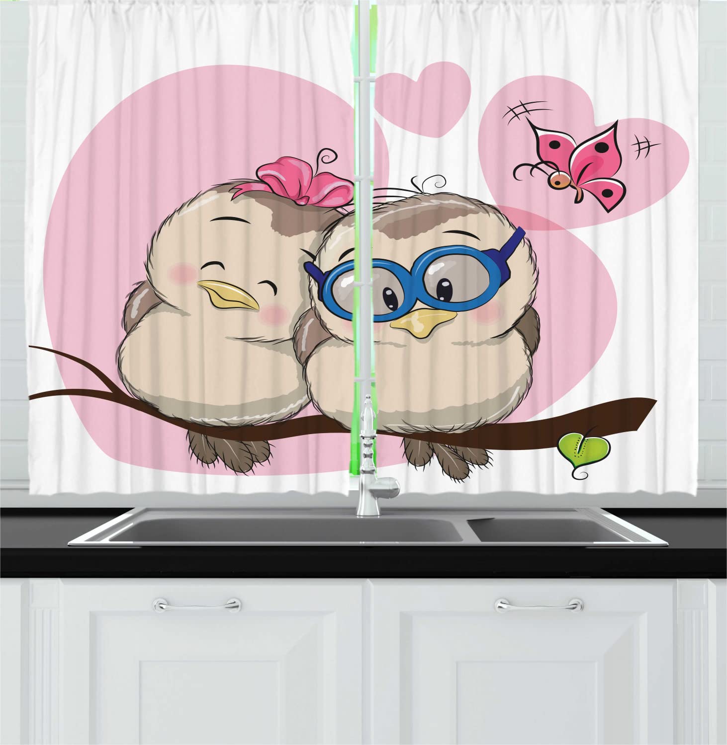 Ambesonne Love Long Kitchen Curtains - Cartoon Birds on Branch with Smiling Bees Valentine's Design - 2 Panel Rod Pocket Drapes 55